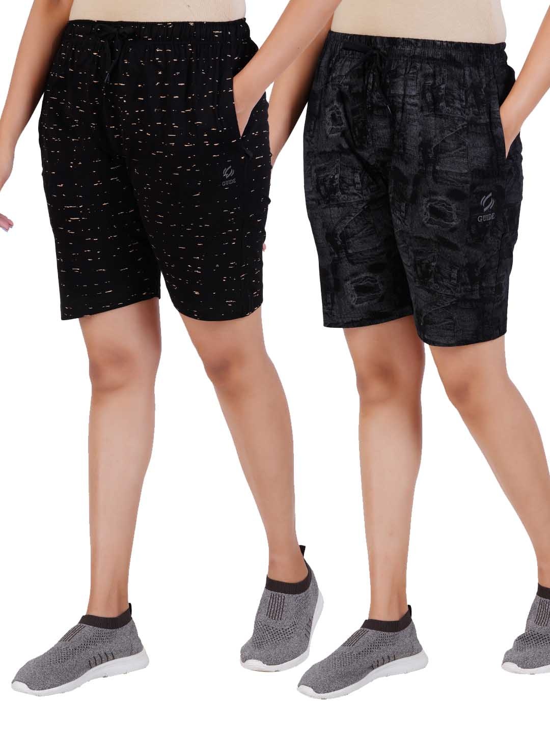 

GUIDE Women Pack Of 2 Printed Cotton Shorts, Black