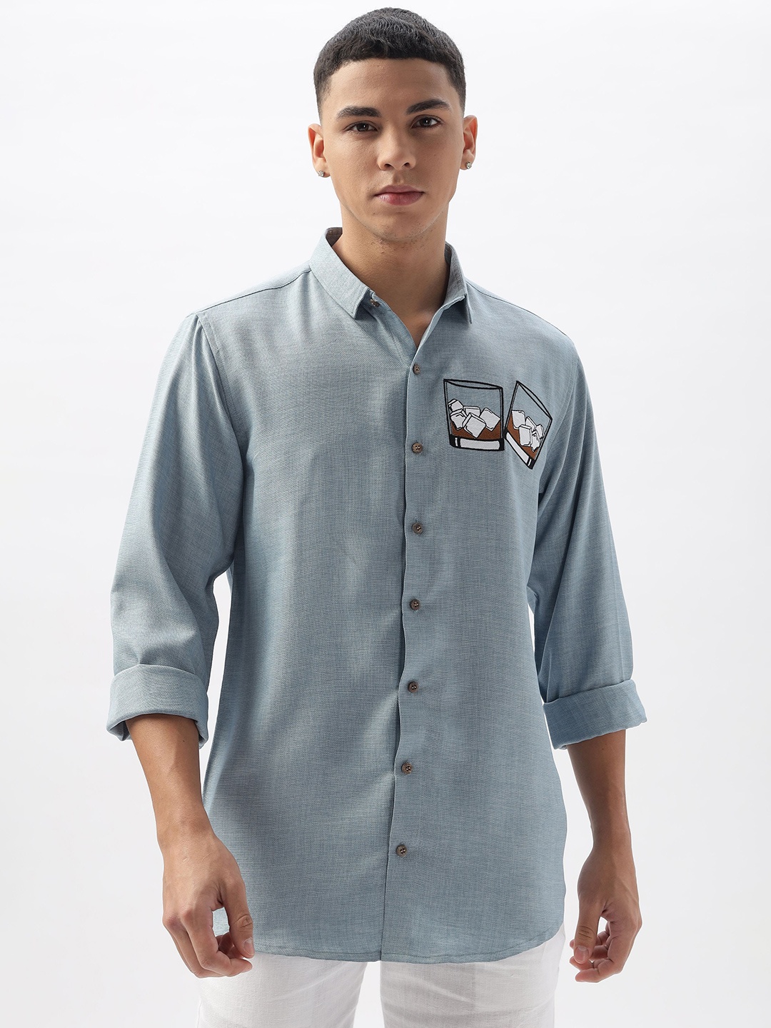 

HAMPTONS Men Standard Fit Spread Collar Graphic Printed Cotton Casual Shirt, Blue