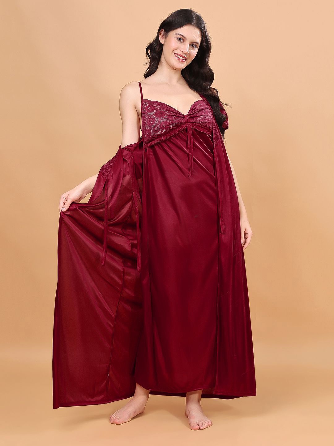 

NIGHT KEYS Women 2 Piece Shoulder Straps Satin Maxi Nightdress, Maroon