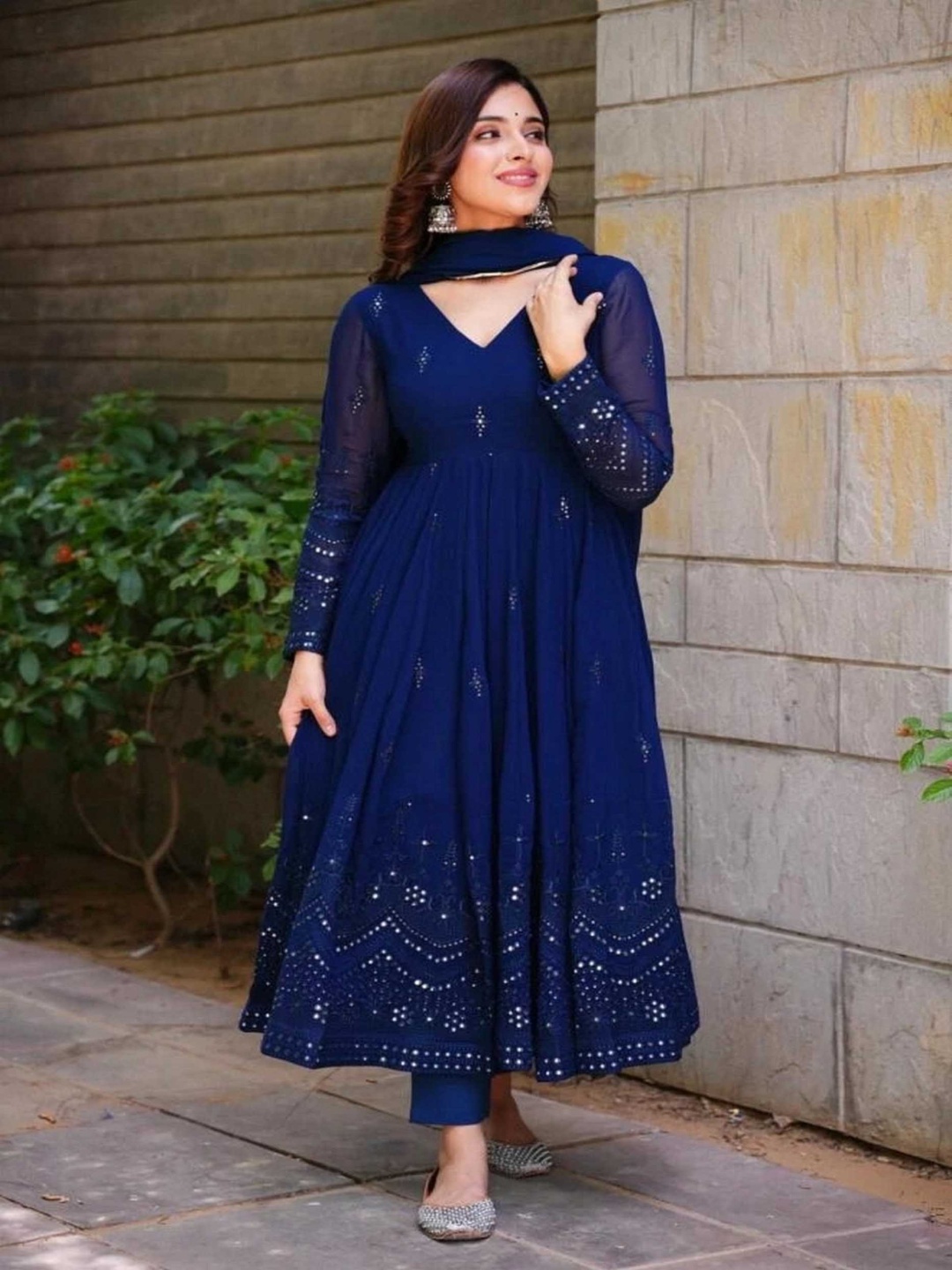 

ZEEPKART Women Ethnic Motifs Embroidered Regular Sequinned Silk Georgette Kurta with Trousers & With Dupatta, Blue