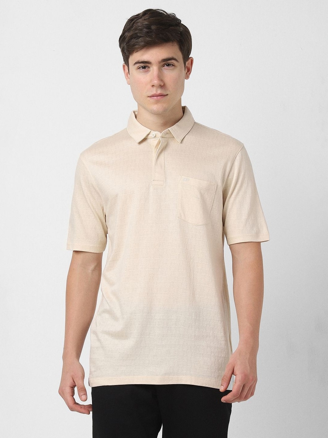 

Peter England Elite Men Self Design Polo Collar Cotton T-shirt, Beige