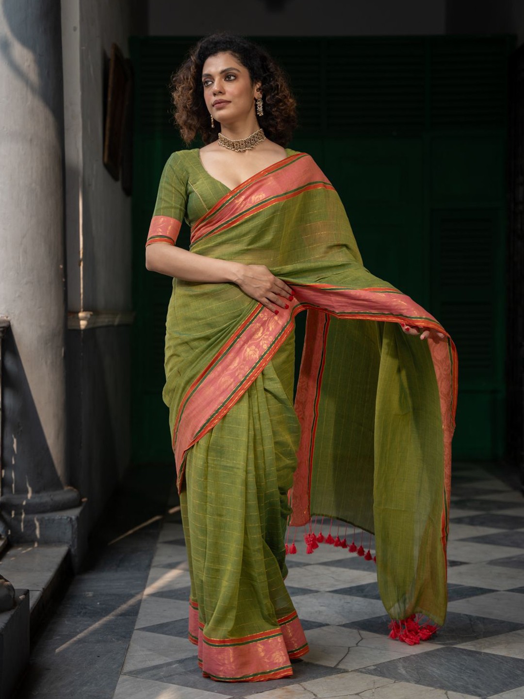 

Suta Striped Zari Pure Cotton Saree, Green