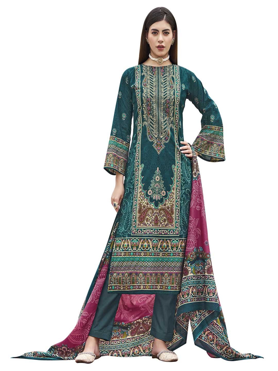 

DRAVINAM Floral Embroidered Pure Cotton Unstitched Dress Material, Green