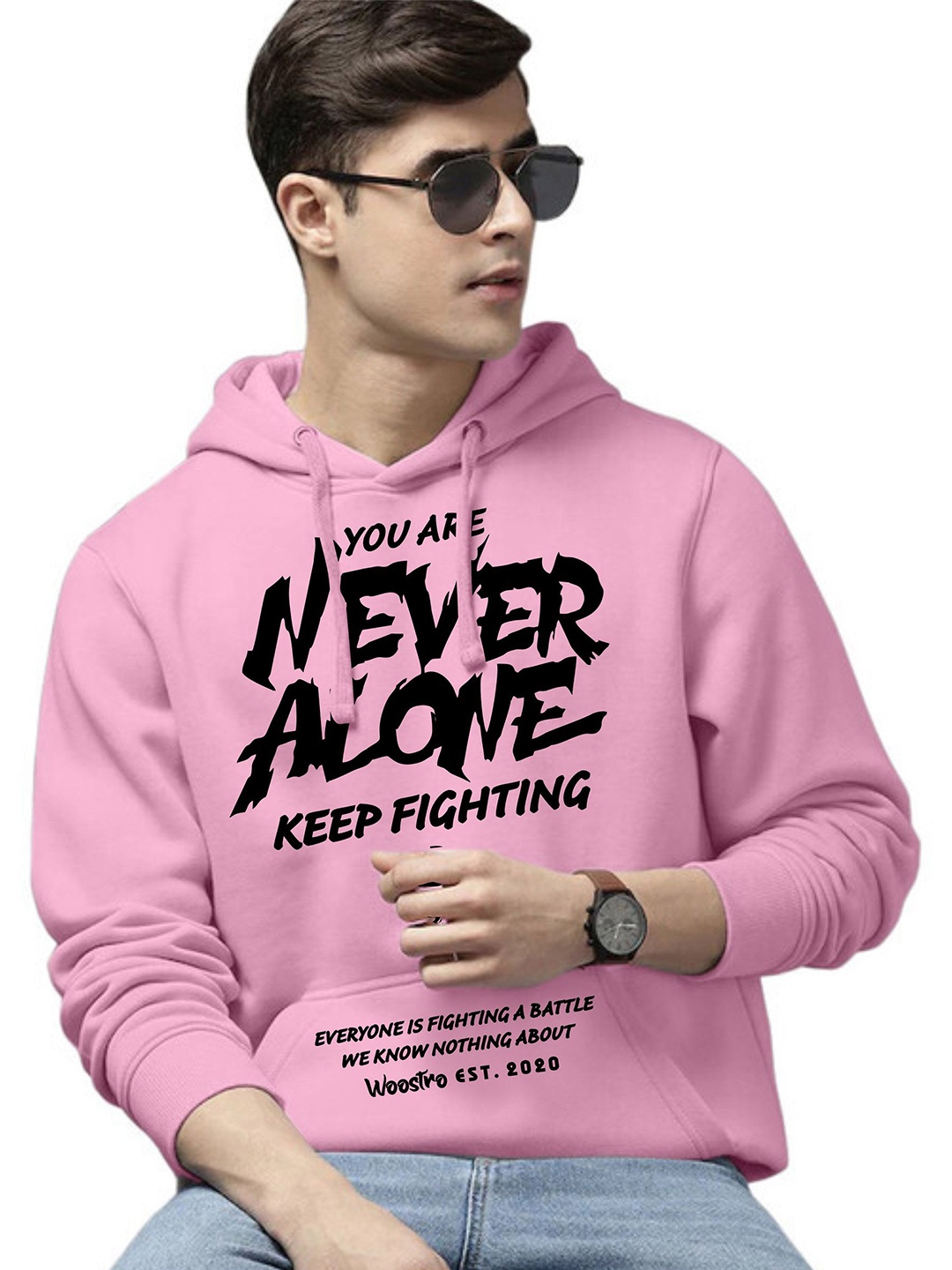 

WOOSTRO Men Printed Hooded Pullover Sweatshirt, Pink