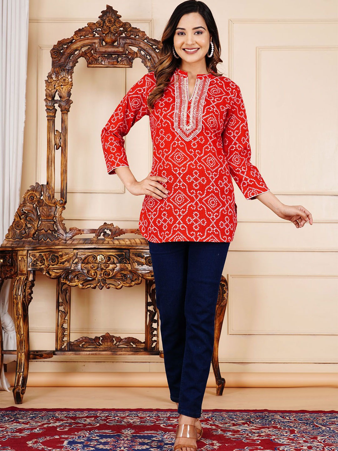 

L.H HANDICRAFTS Women Floral Embroidered Mandarin Collar Ethnic Cotton Crop Top, Red