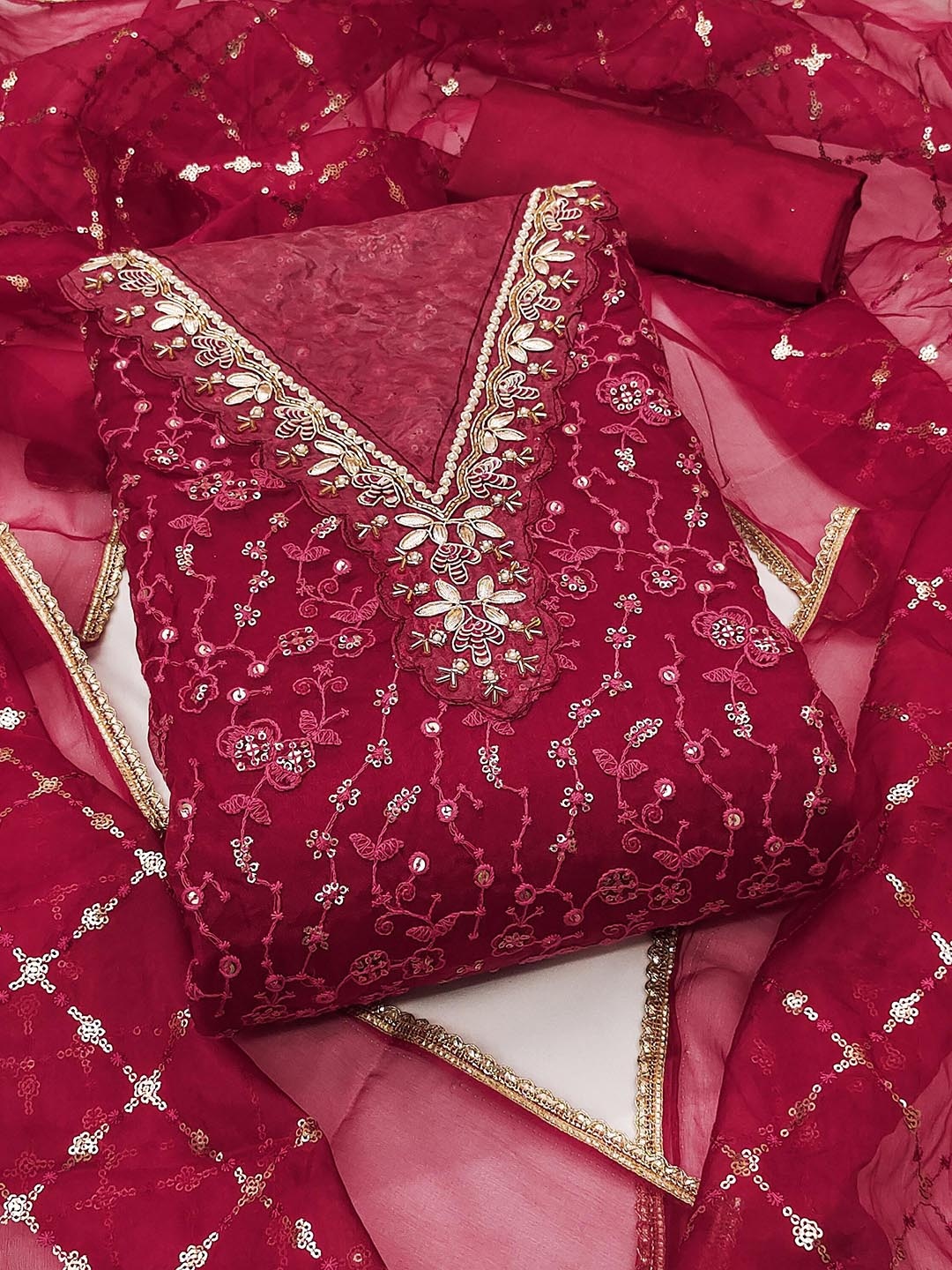 

HERE&NOW Embellished Organza Unstitched Dress Material, Maroon