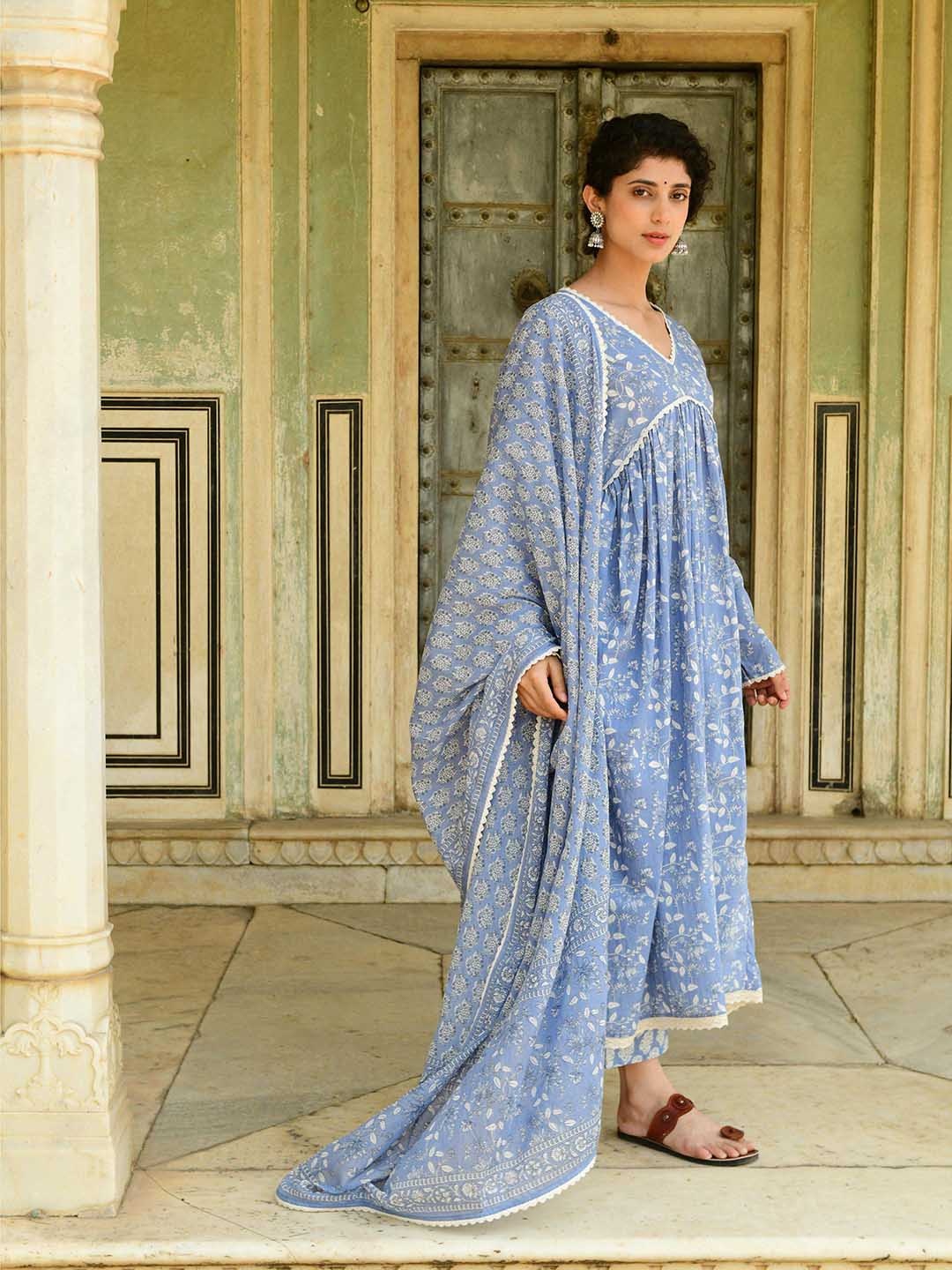 

SHILPI HANDICRAFTS Printed Pleated Pure Cotton A-Line Kurta with Palazzos & Dupatta, Blue