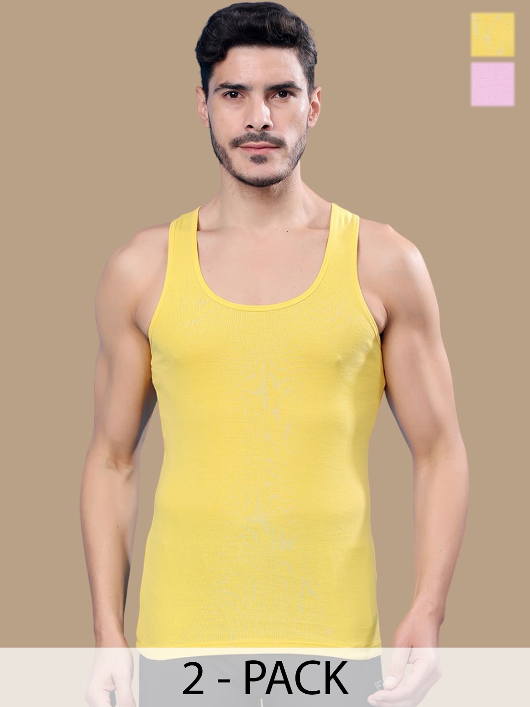 

Friskers Pack Of 2 Cotton Round Neck Ribbed Gym Vests 17012025R-06-10, Yellow