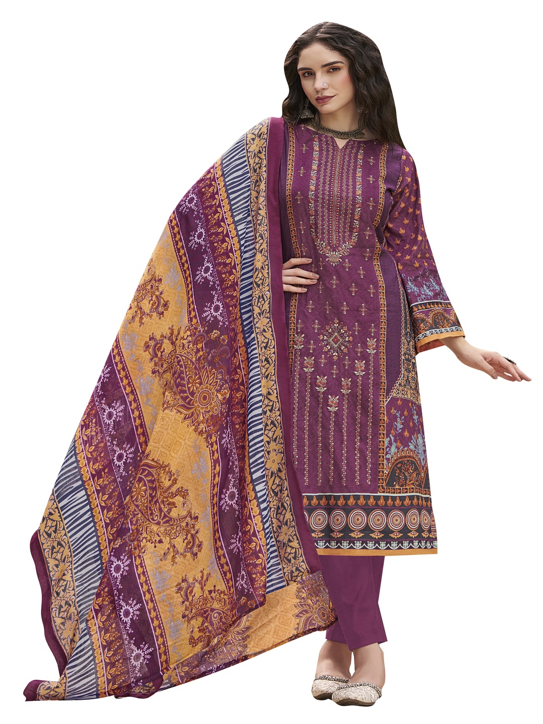 

DRAVINAM Ethnic Motifs Embroidered Pure Cotton Unstitched Dress Material, Maroon