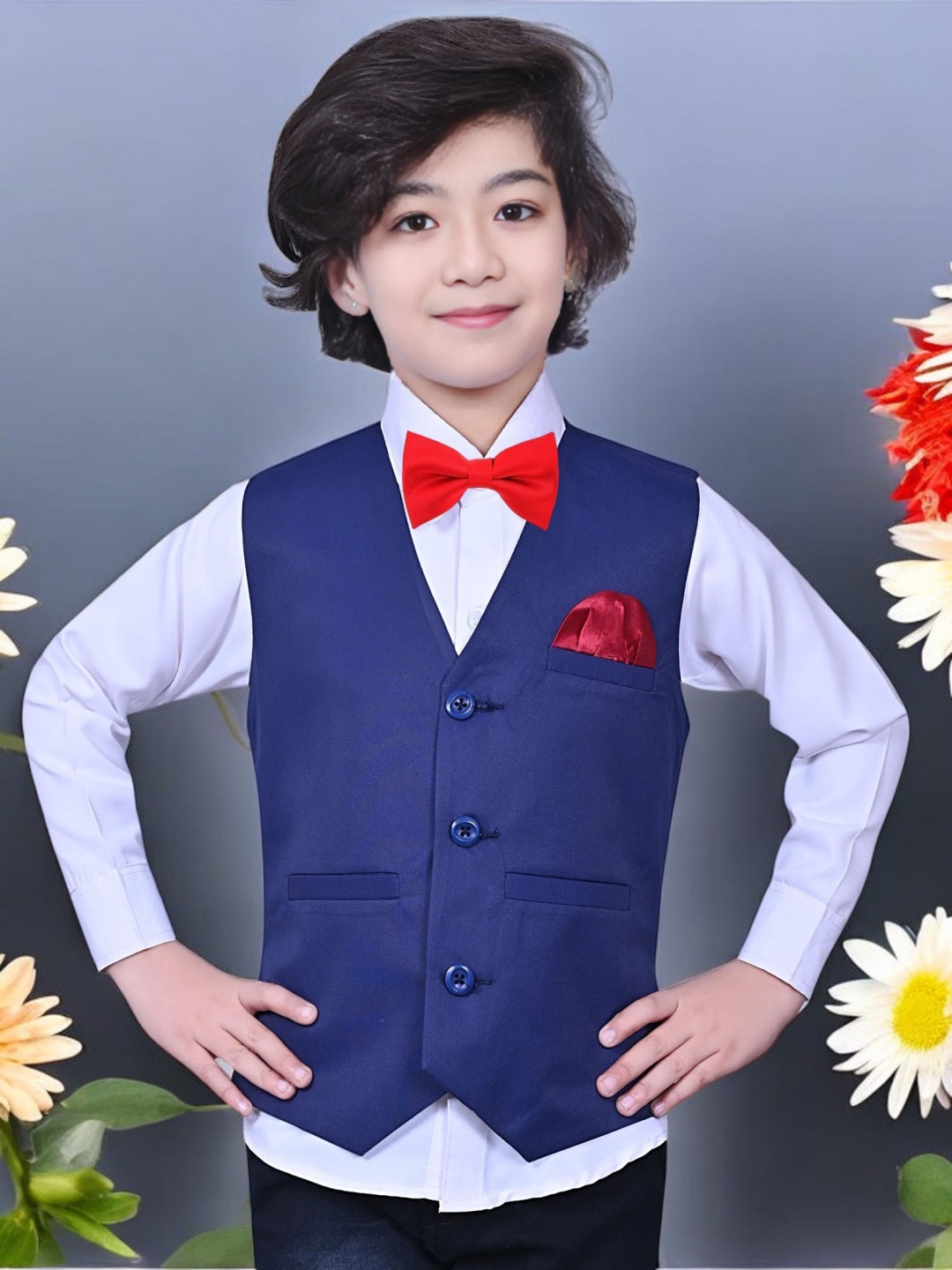 

Eliq Boys V-Neck Sleeveless Waistcoat With Shirt & Bow Tie, Navy blue