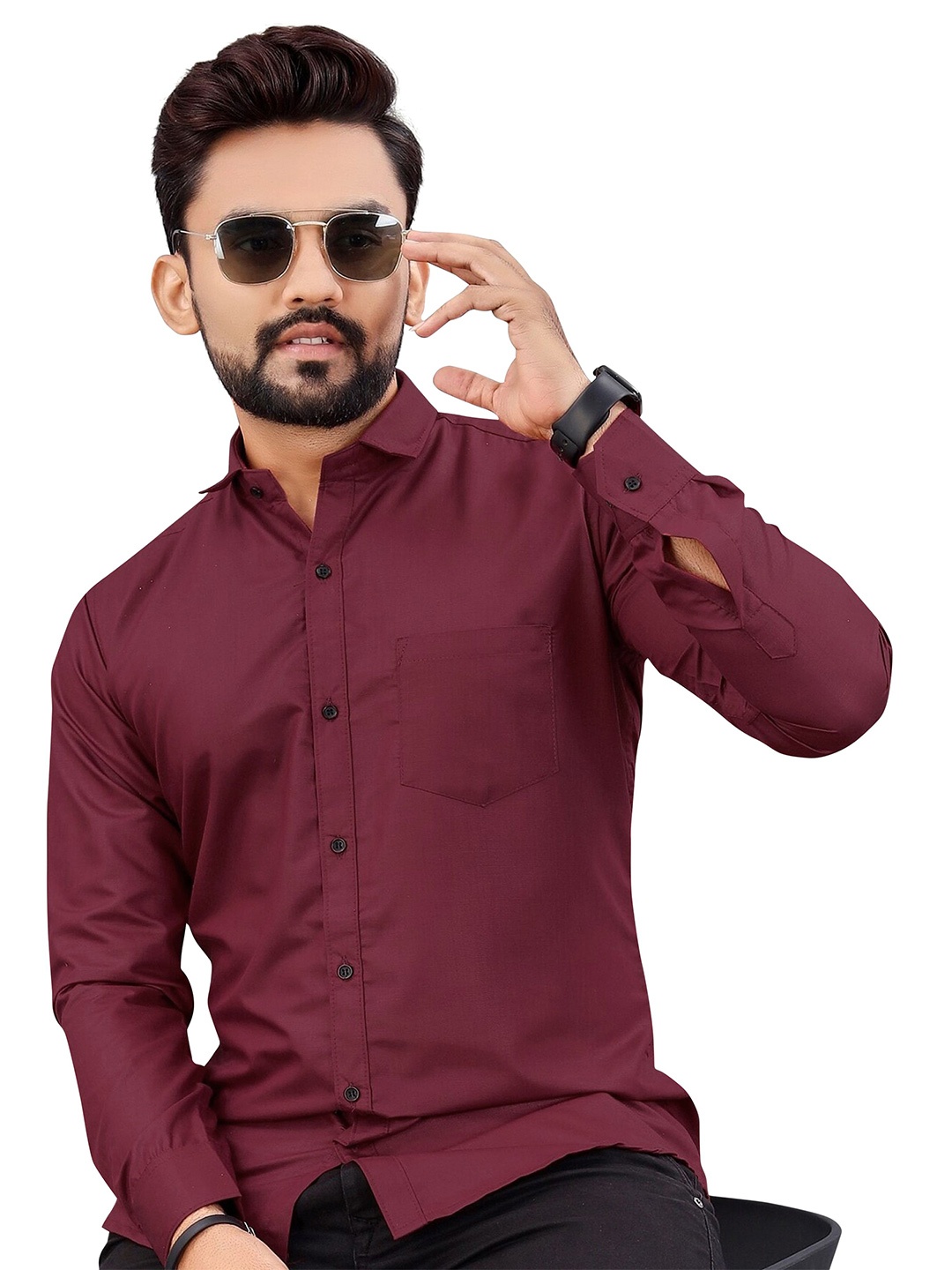 

IKON FASHION Men Original Fit Spread Collar Solid Cotton Casual Shirt, Burgundy