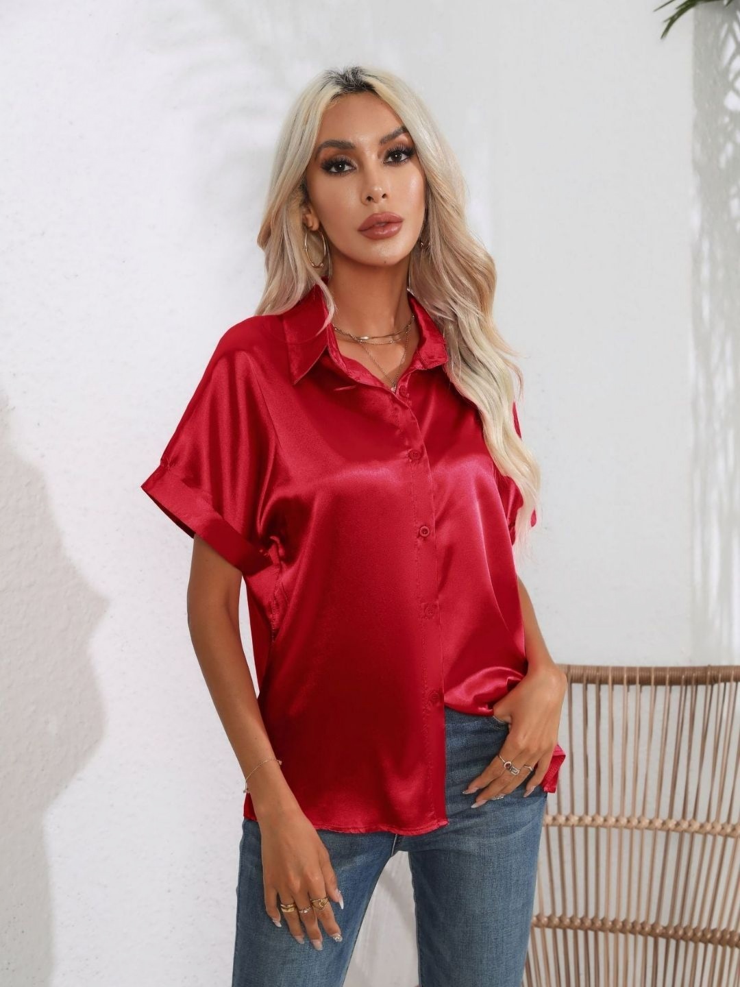 

Oh Rare Women V-Neck Extended Sleeves Pockets T-shirt, Red