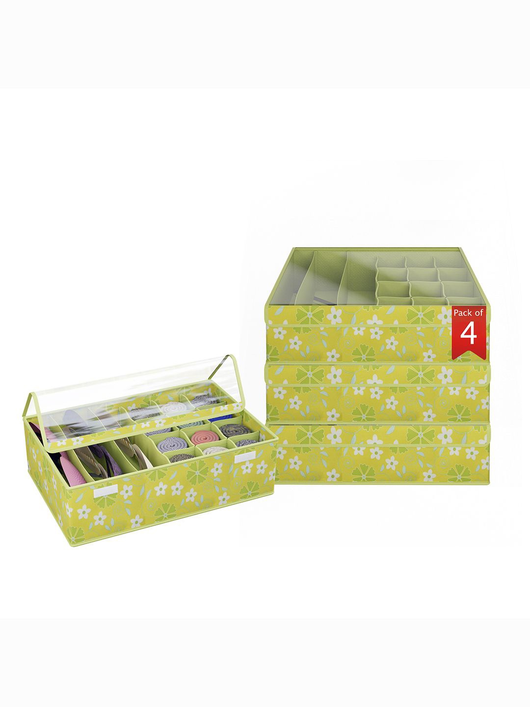 

Kuber Industries Green & White Printed Set of 4 Reusable Drawer Organisers