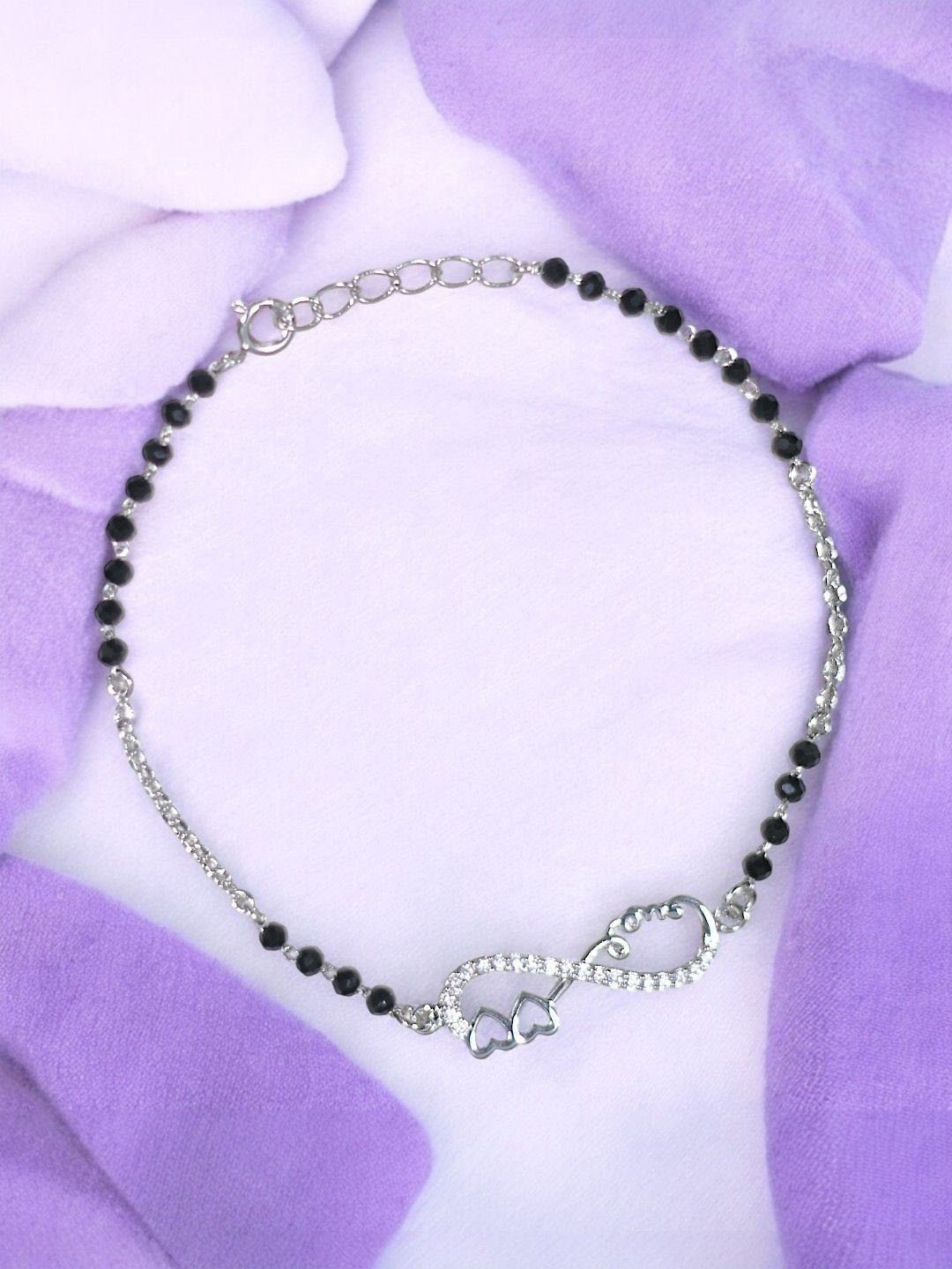 

Taraash 925 Sterling Silver Stone Studded & Beaded Infinity Heart Mangalsutra Bracelet