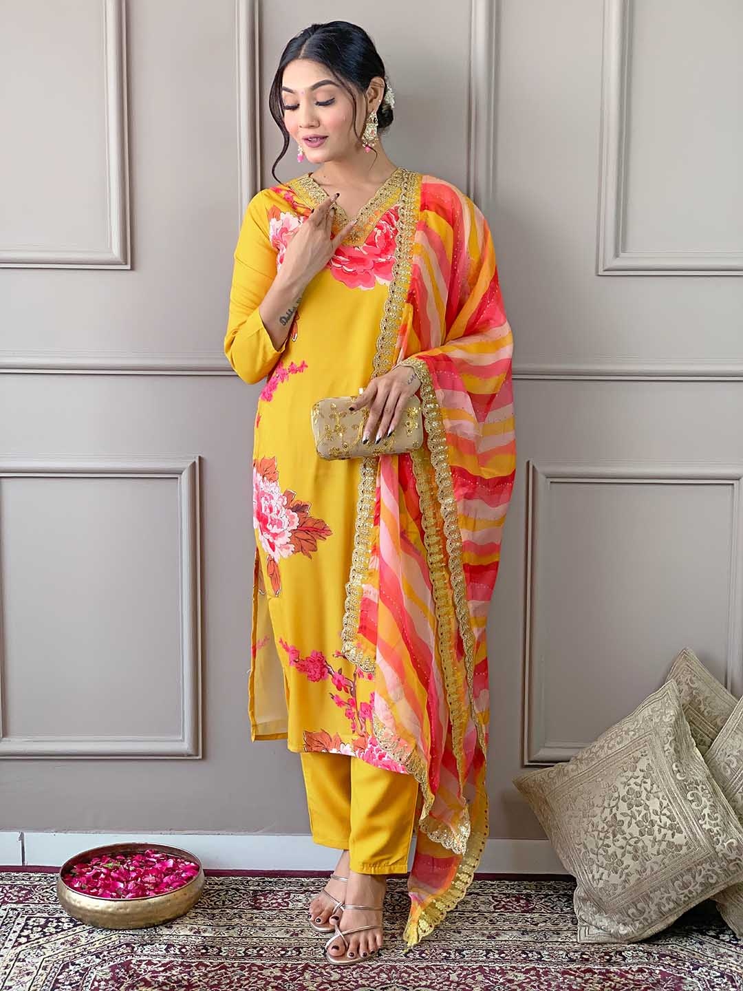 

SHOPONBIT Floral Printed Thread Work Straight Kurta with Trouser & Dupatta, Yellow