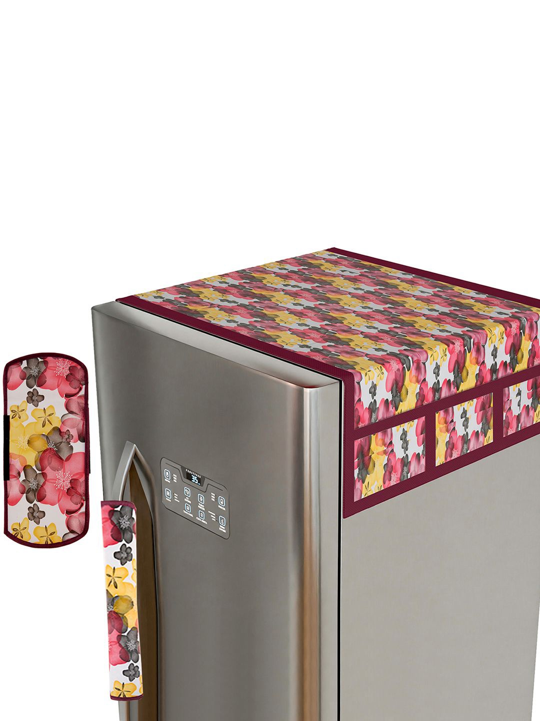

Kuber Industries Pink & White 3 Pieces Printed Refrigerator Covers With Handle Cover