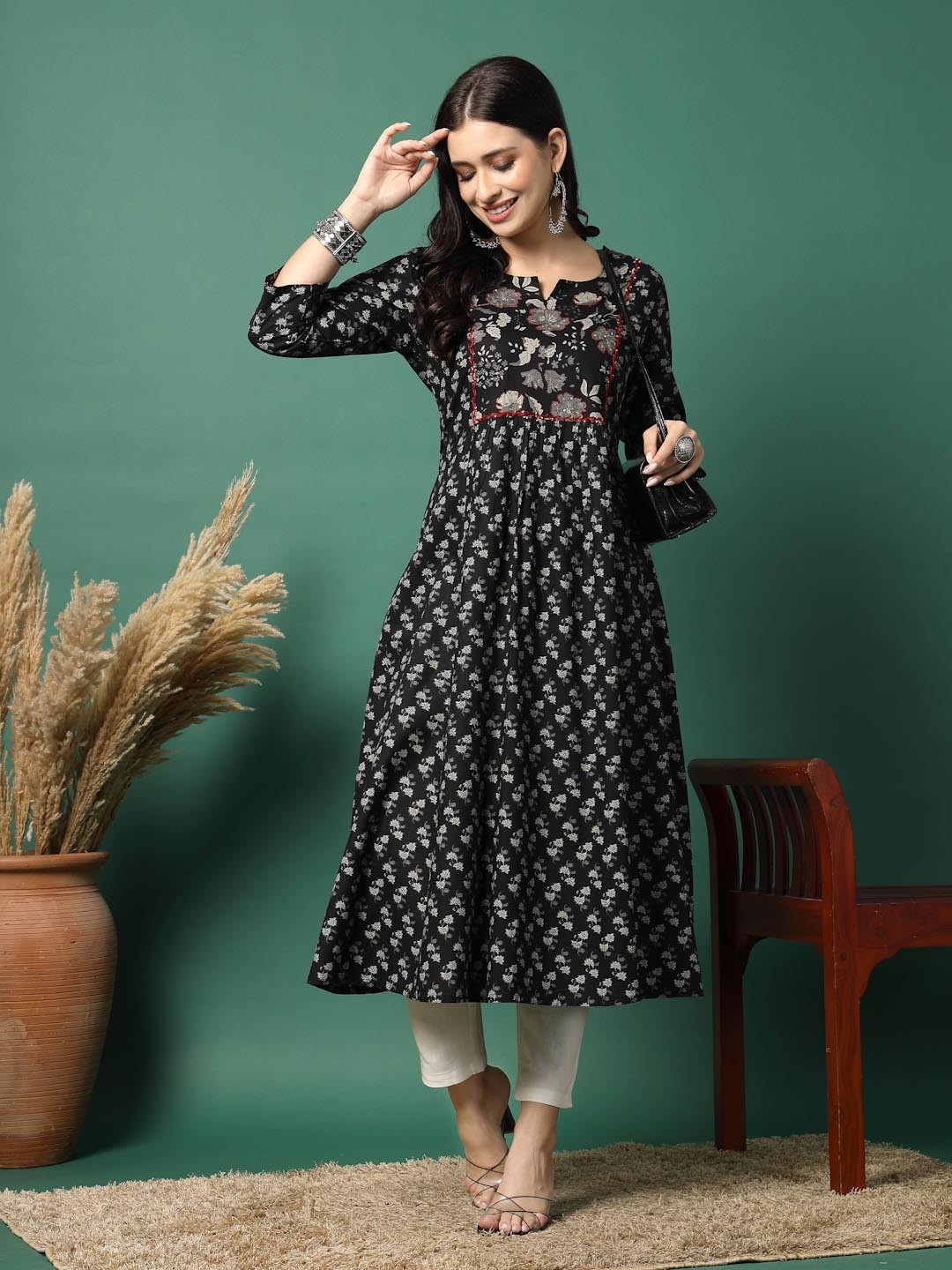 

Ramas Floral Printed Notch Neck Sequinned Pure Cotton A-Line Kurtas, Black