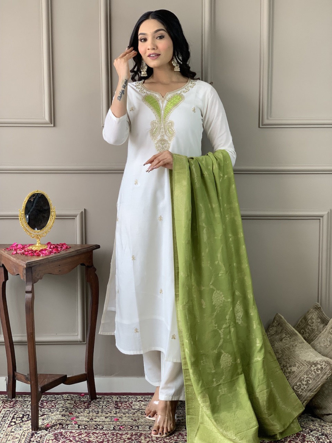 

KALINI Ethnic Motifs Embroidered Notch Neck Zari Straight Kurta With Trousers And Dupatta, White