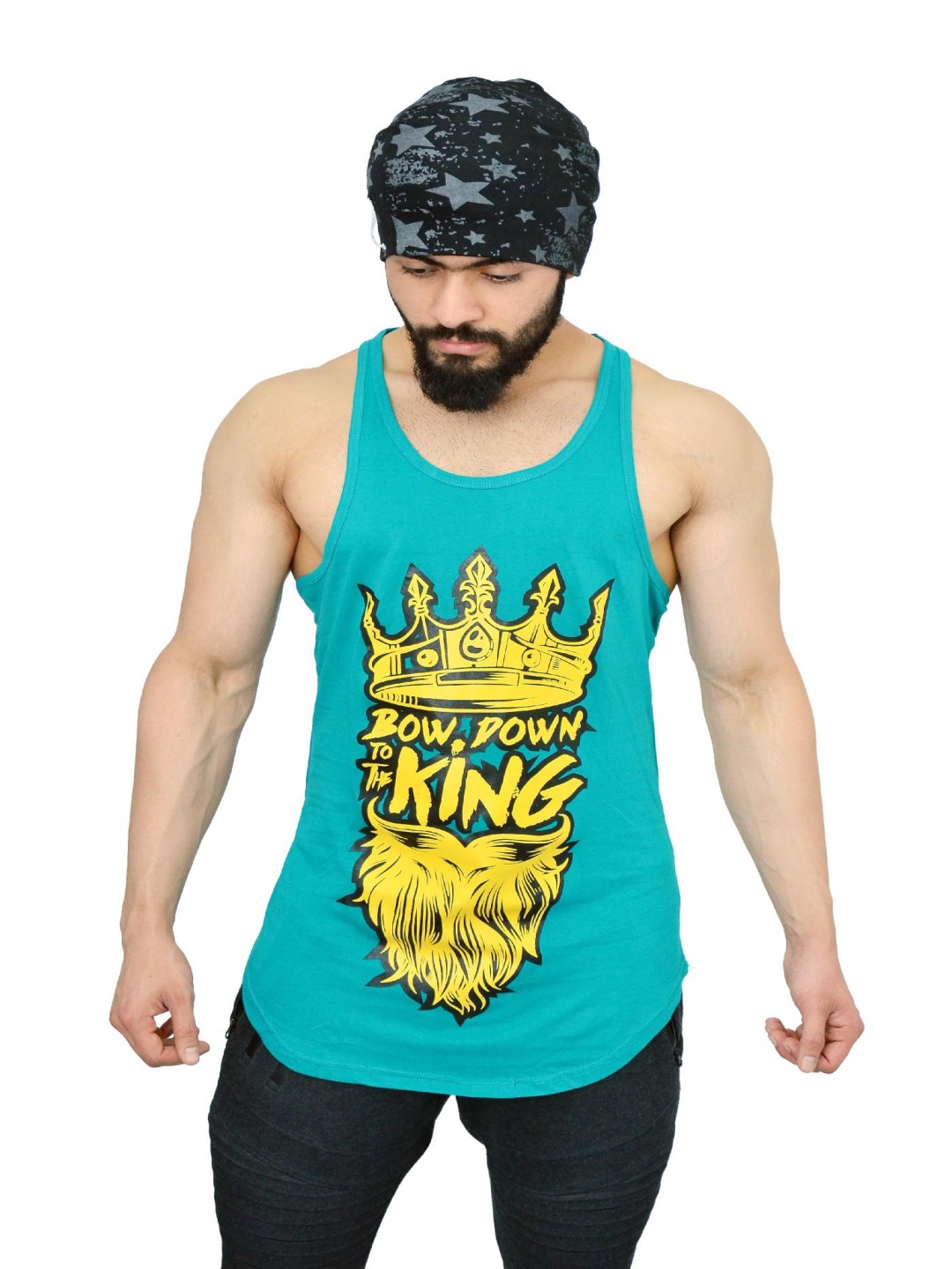 

Anax Aesthetics Men Cotton Lycra Printed Sleeveless Arc Sando Gym Vest Stringer Tank Top, Teal