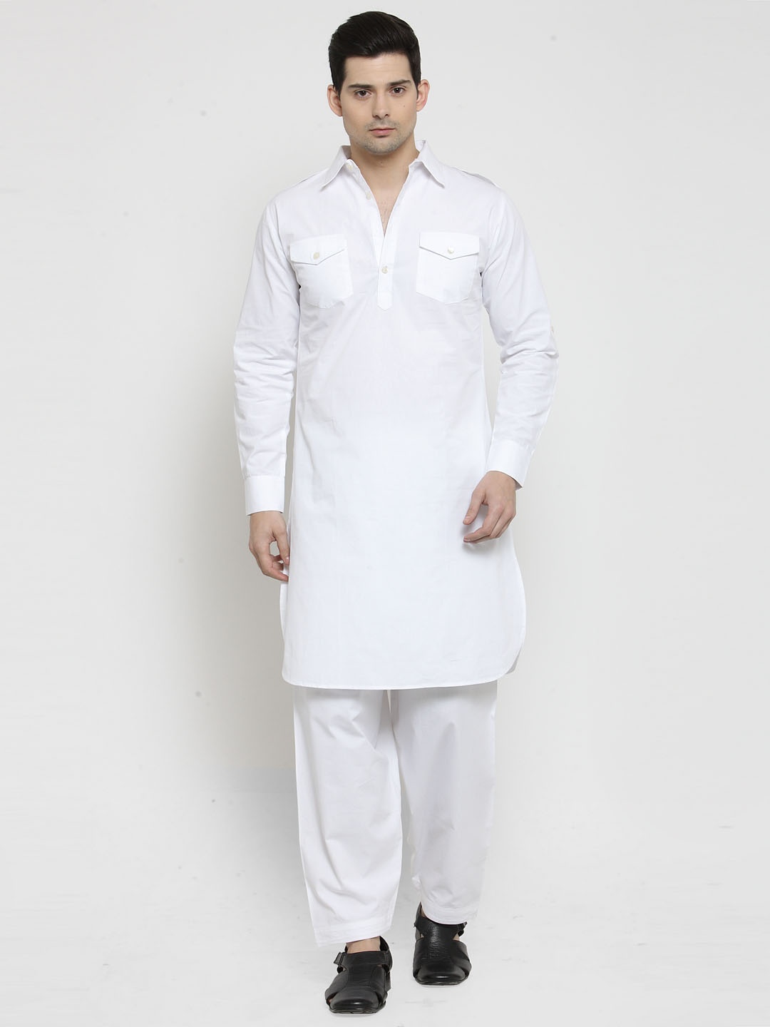 

Moda Rapido Shirt Collar Pure Cotton Pathani Kurta With Pyjamas, White