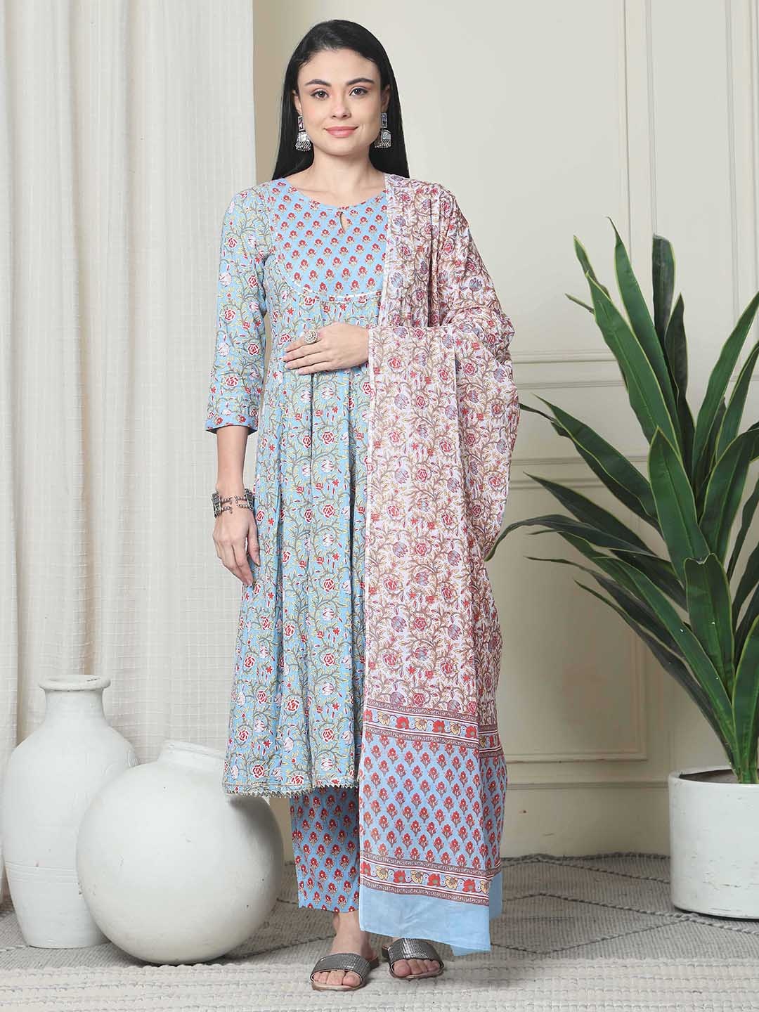 

Rajnandini Floral Printed Pure Cotton A-Line Kurta With Trousers & Dupatta, Blue