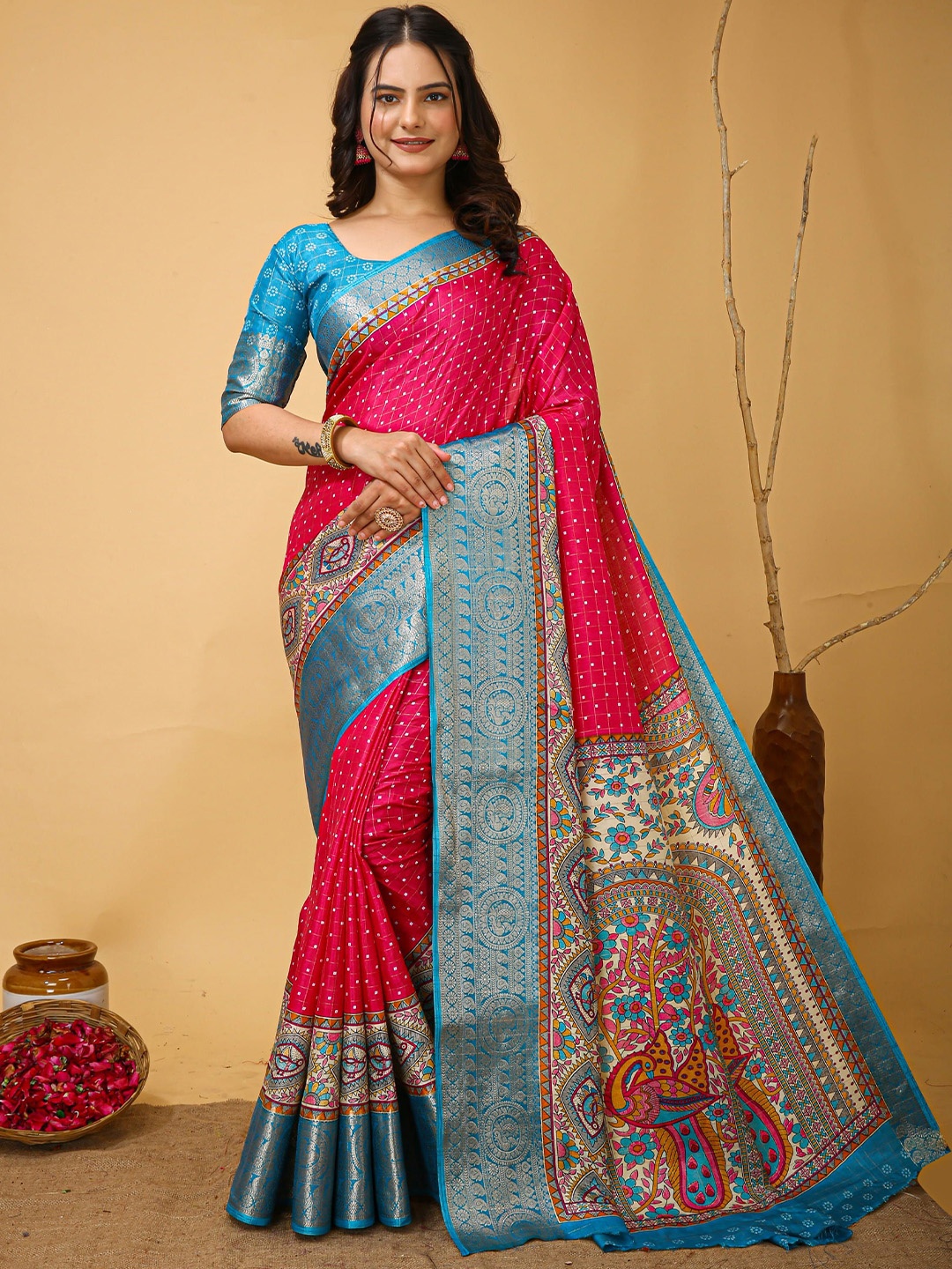 

KAYOMMI Kalamkari Printed Zari Kanjeevaram Saree, Pink