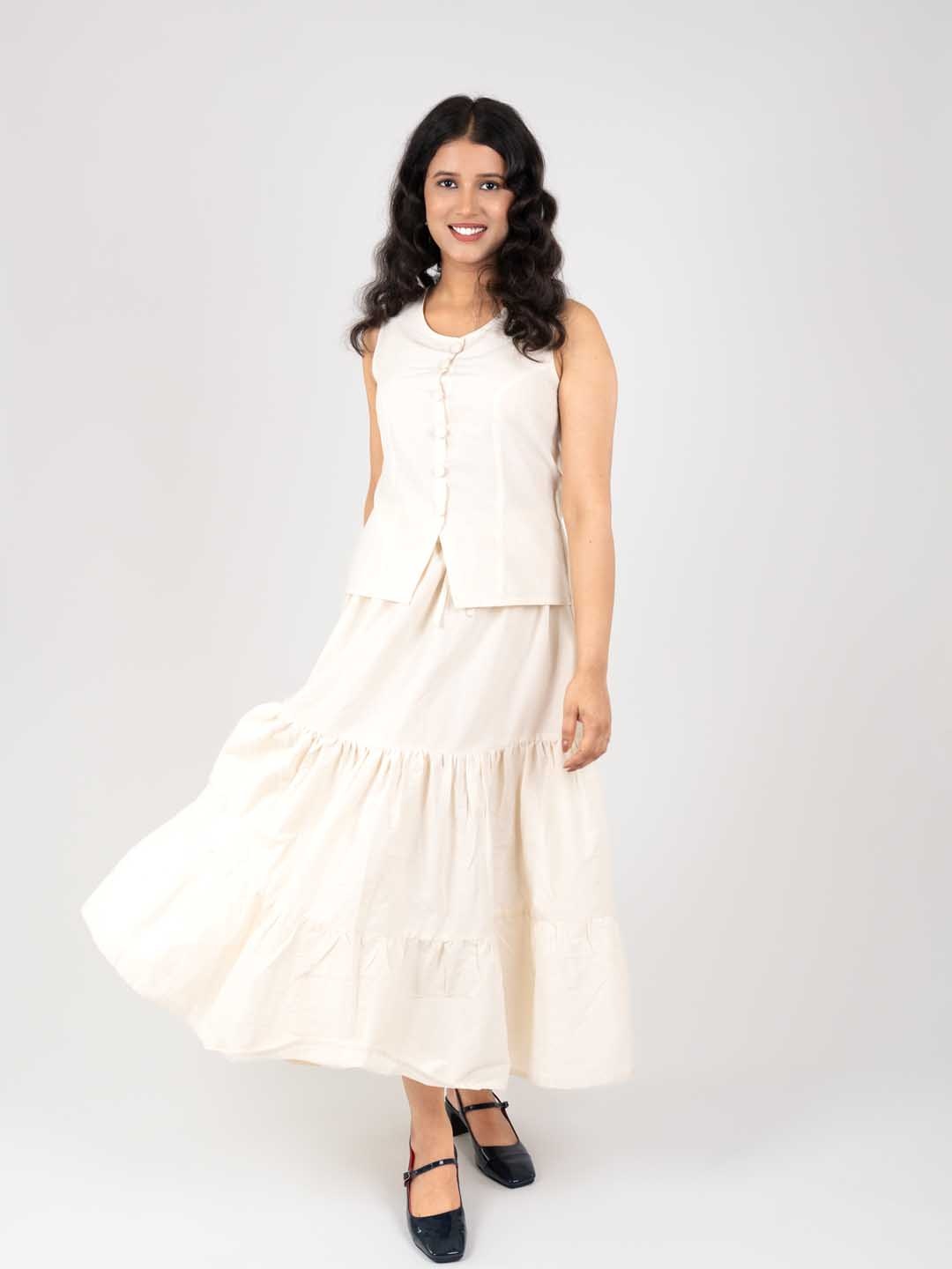 

MONOMEE Women Pure Cotton Tiered Maxi Skirt, Off white