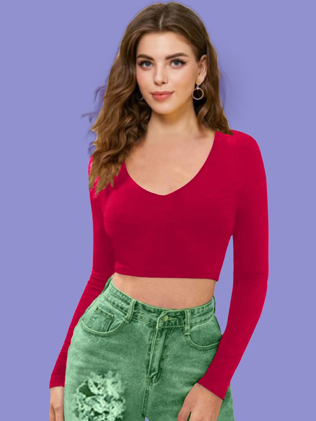 

Dream Beauty Fashion Women V-Neck Long Sleeves Fitted Crop Top, Pink
