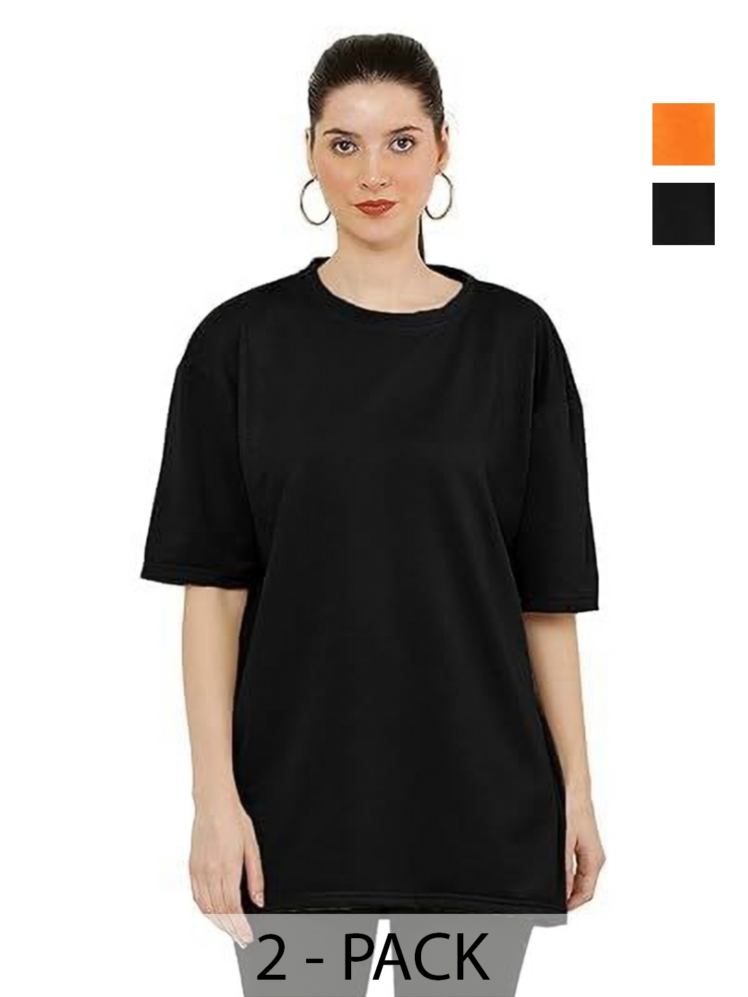 

NOTWILD Women Pack Of 2 Solid Round Neck Cotton Oversized T-shirts, Black