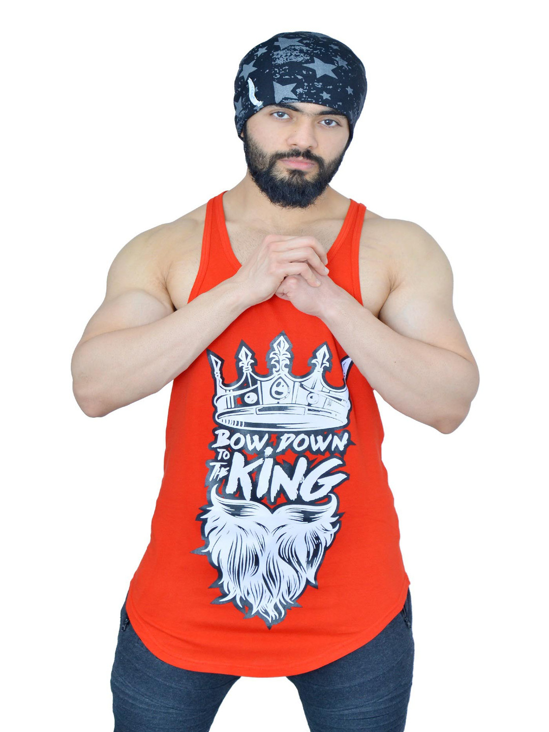 

Anax Aesthetics Men Cotton Lycra Printed Sleeveless Arc Sando Gym Vest Stringer Tank Top, Orange