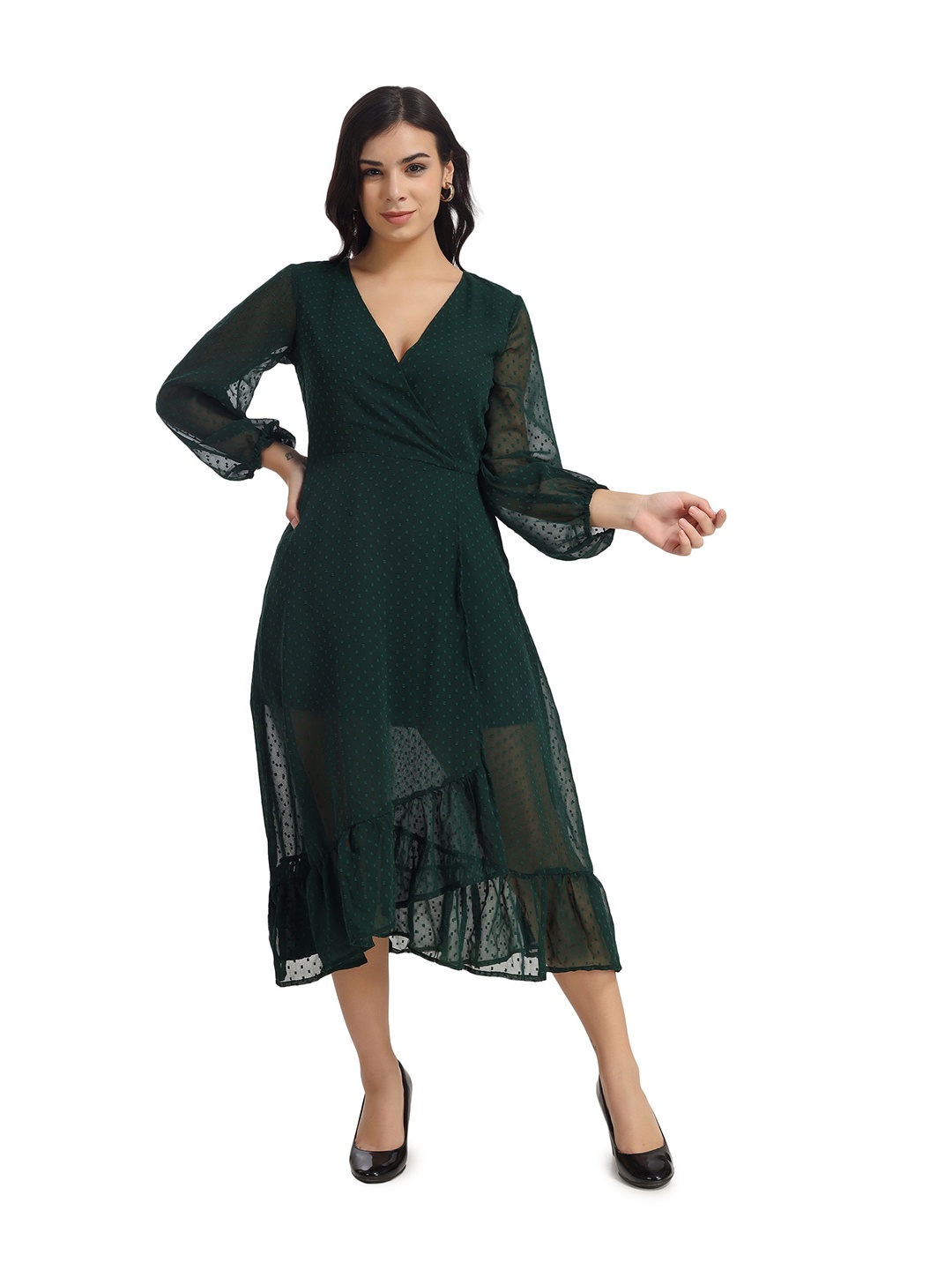 

MISS HAUTE Women Georgette Wrap Midi Dress, Green