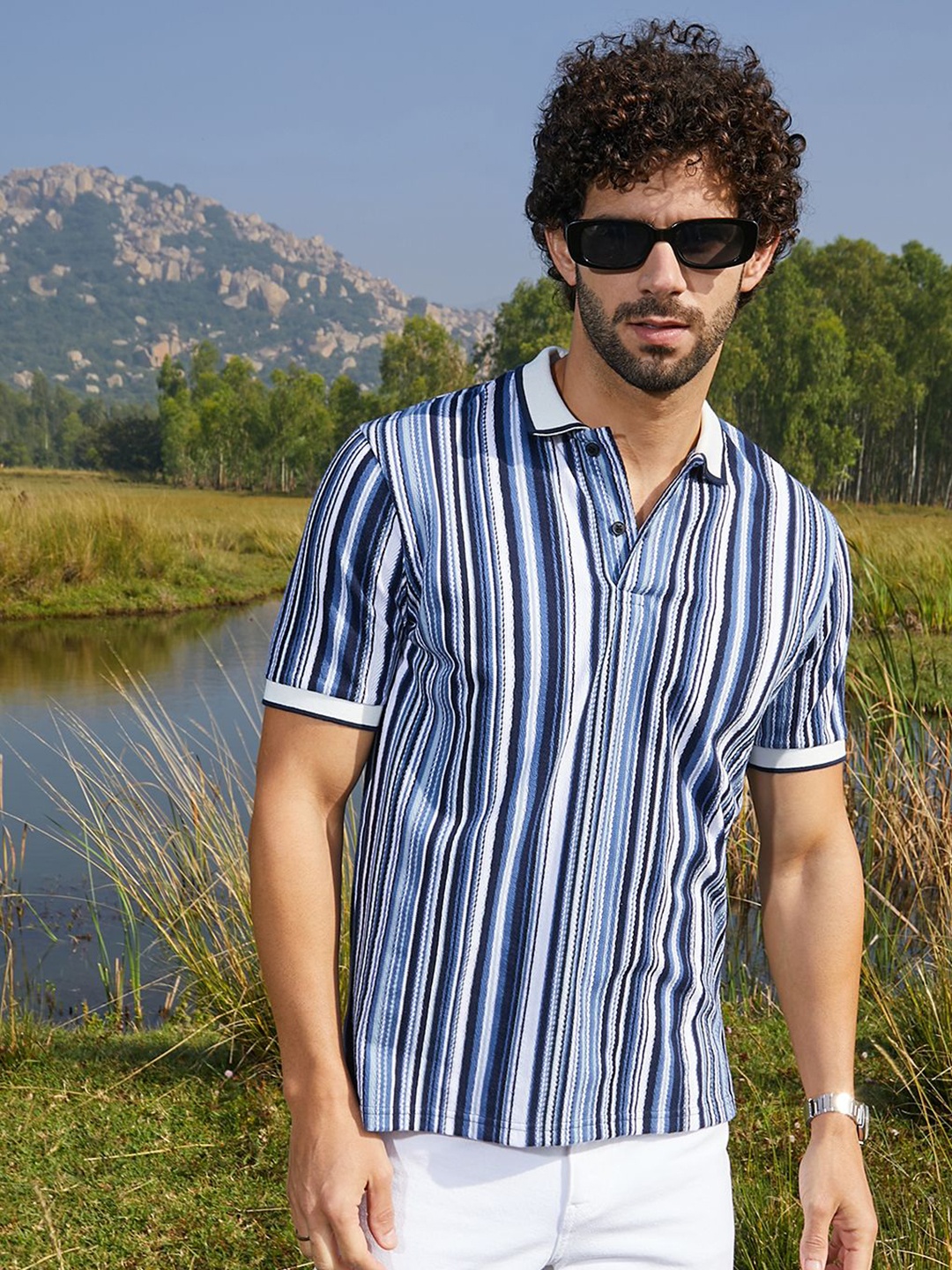 

Campus Sutra Men Striped Polo Collar Cotton T-shirt, White