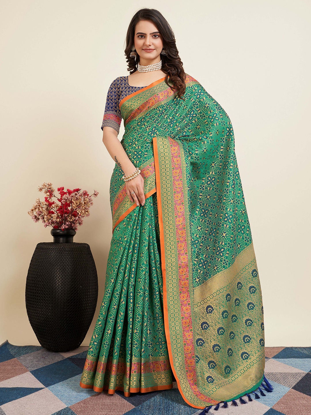 

KSM PRINTS Ethnic Motifs Woven Design Saree, Sea green