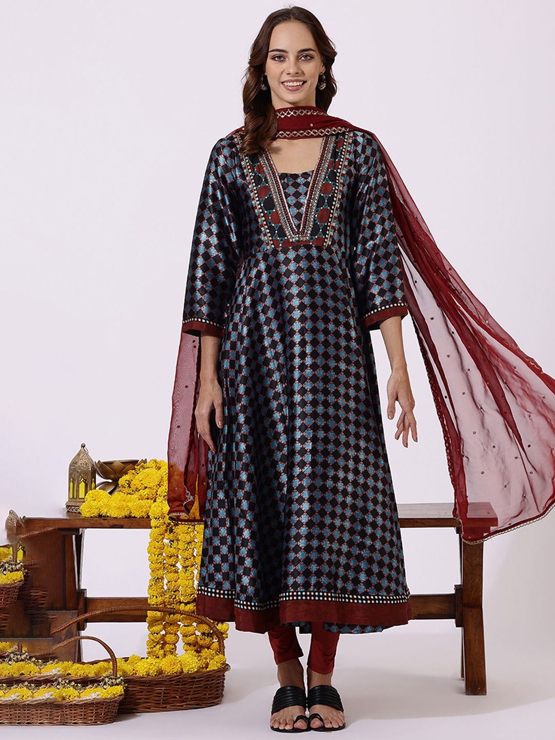 

W Women Floral Printed Angrakha Beads and Stones Kurta With Dupatta, Black