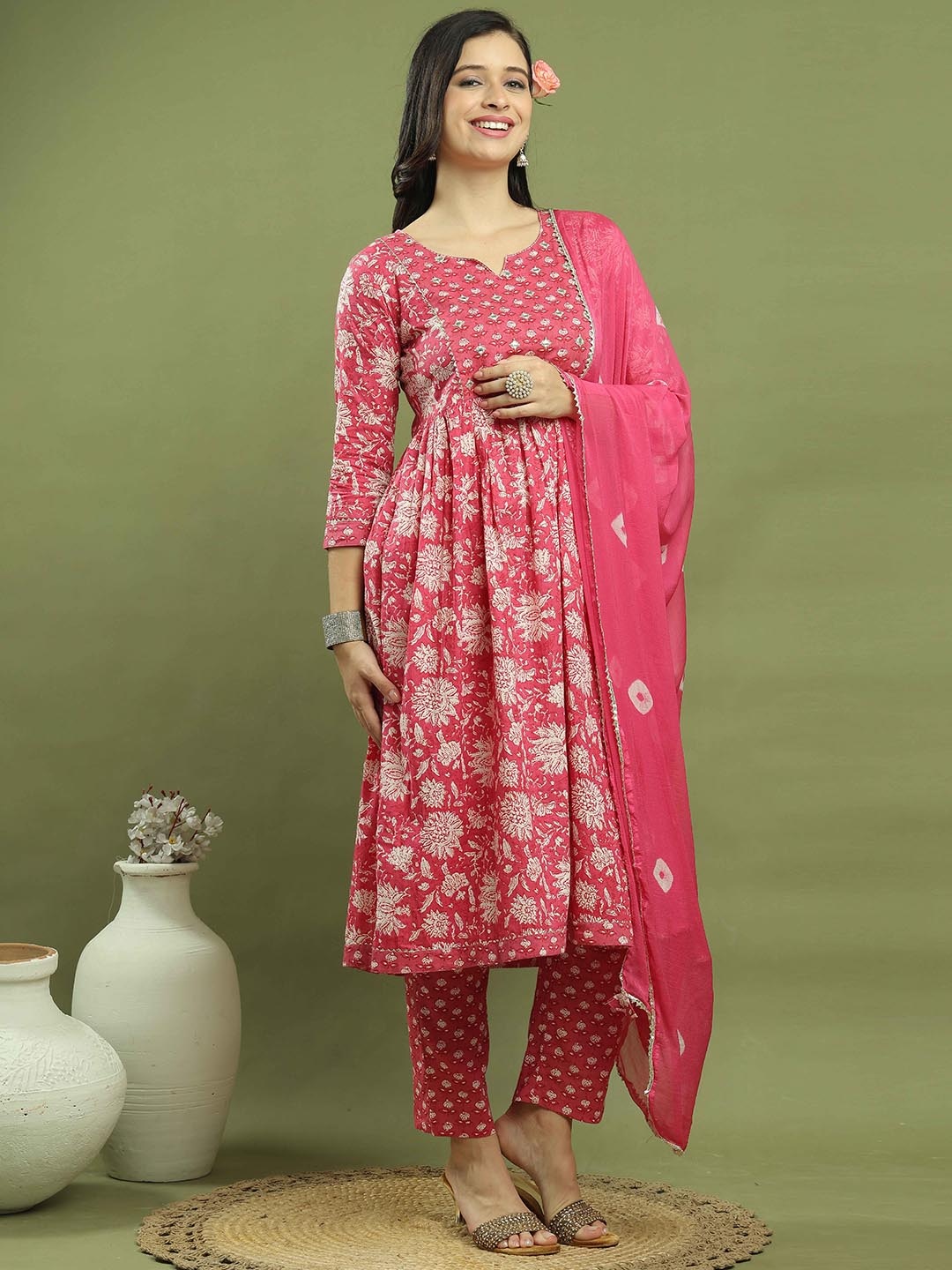 

Roly Poly Floral Printed Pure Cotton Kurta with Trousers & Dupatta, Pink