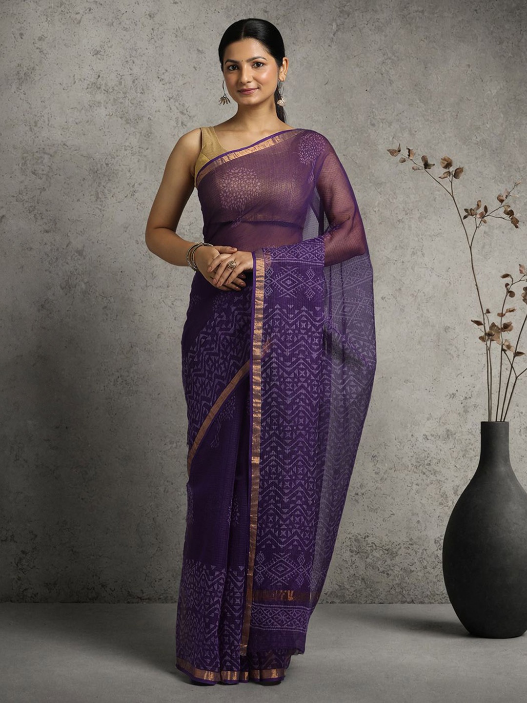 

Suha Ethnic Motifs Printed Zari Pure Cotton Kota Saree, Purple