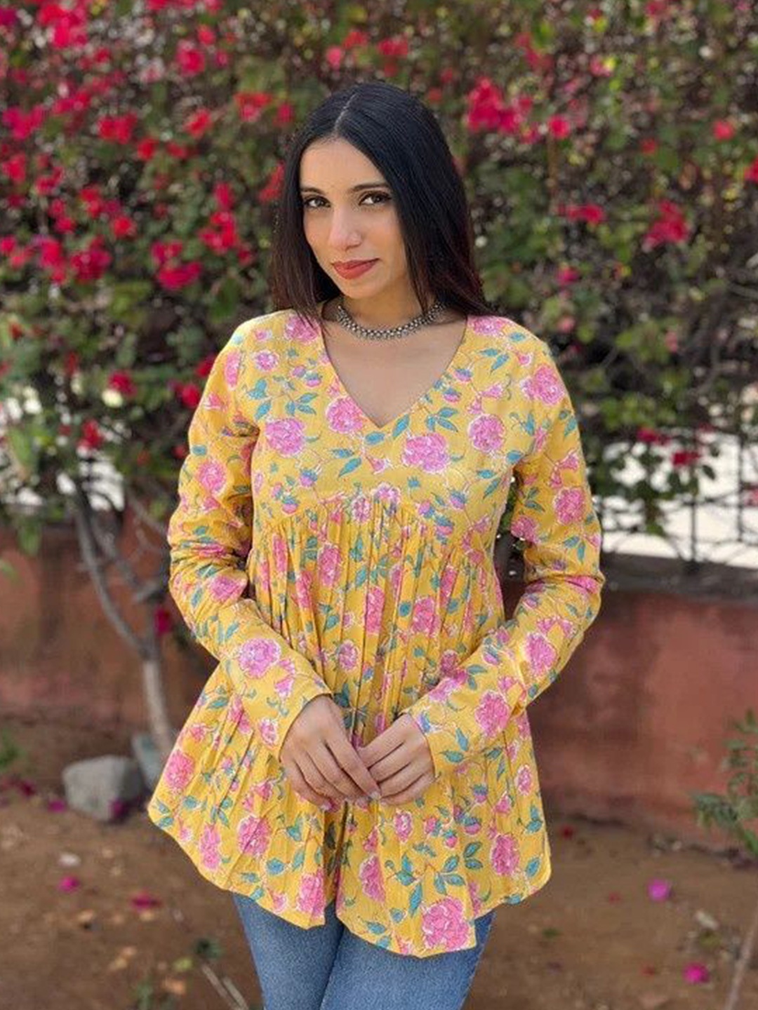 

JONAYA Women Floral Printed Cotton Peplum Top, Yellow
