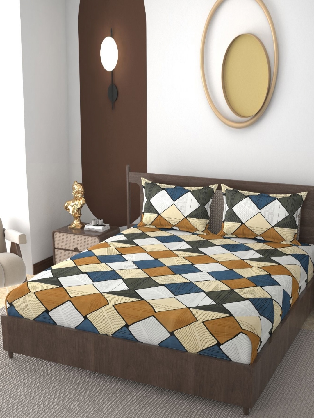 

VOMZER Brown Geometric Printed Cotton 210 TC Fitted King Bedsheet Set- 1.98 m x 1.83 m