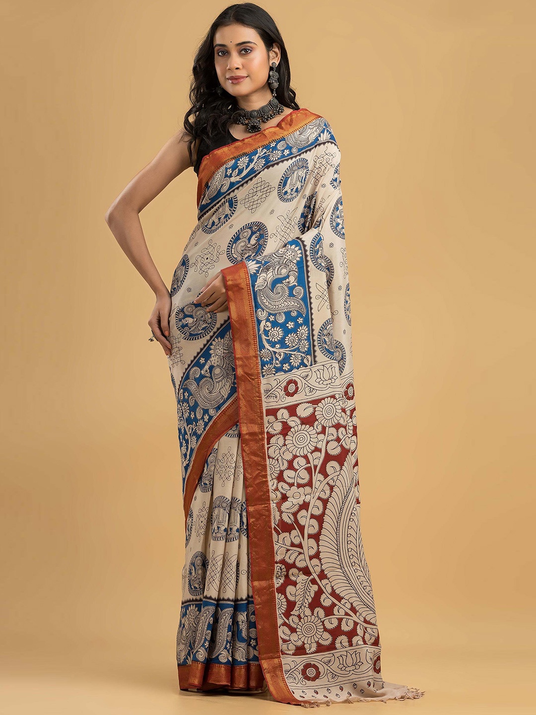 

Dheu Kalamkari Printed Block Print Saree, Beige