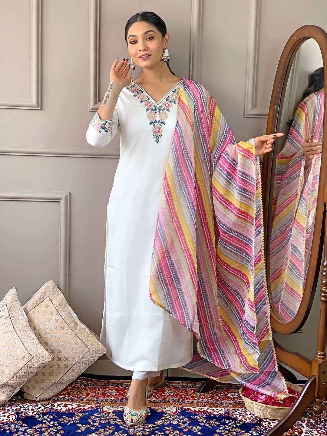 

SHOPONBIT Ethnic Motifs Embroidered Kurta with Trousers & Dupatta, Off white