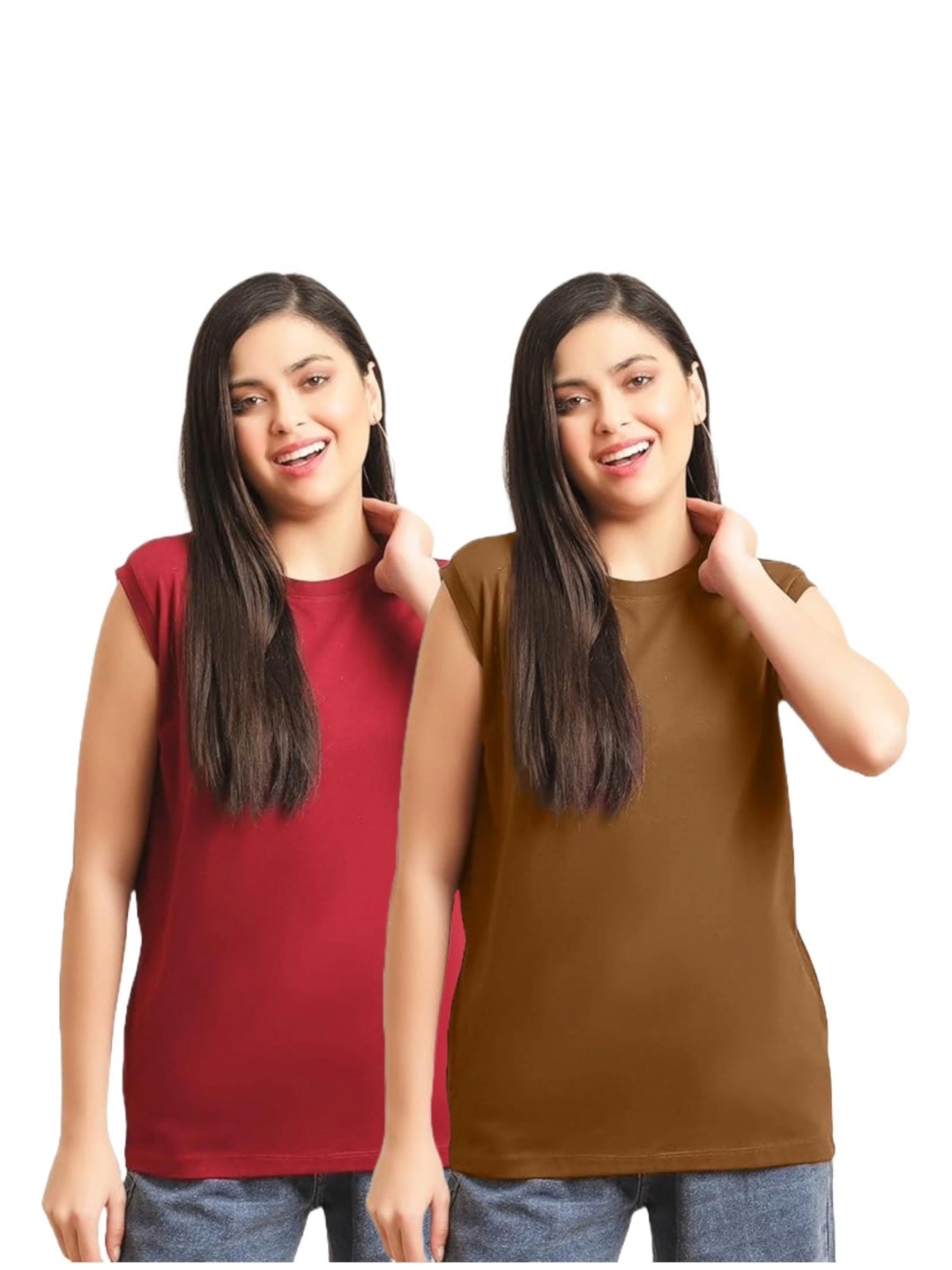 

NOTWILD Women Pack Of 2 Solid Round Neck Cotton T-shirts, Red