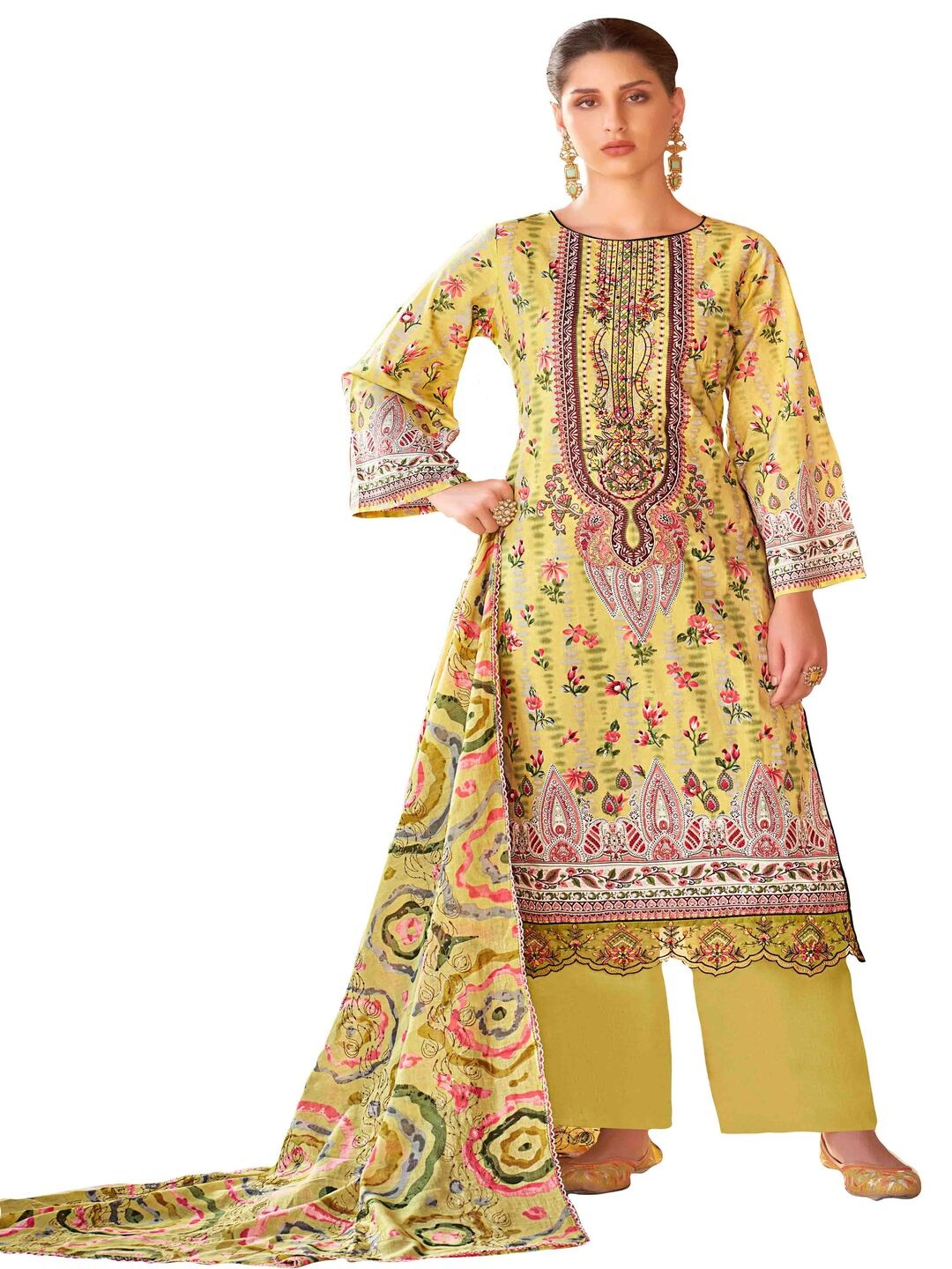 

DRAVINAM Floral Embroidered Pure Cotton Unstitched Dress Material, Yellow