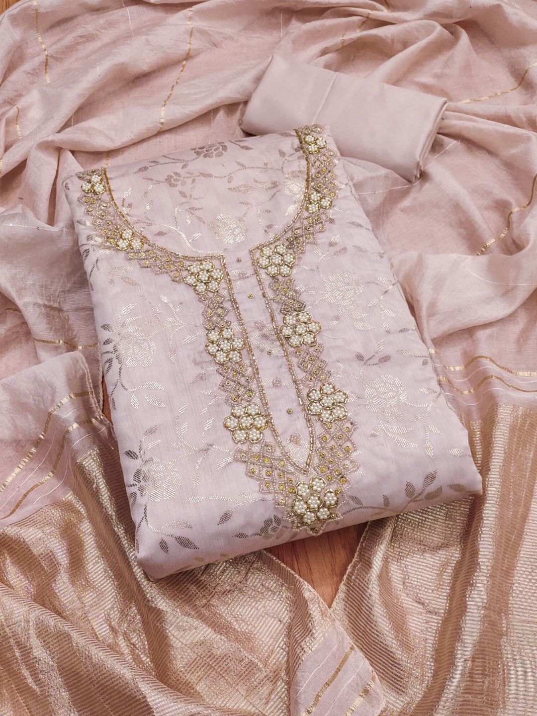 

Panzora Floral Embellished Silk Blend Unstitched Dress Material, Lavender