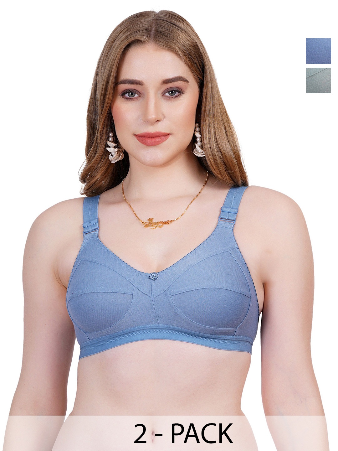 

Liigne Women Pack Of 2 Cotton Full Coverage T-shirt Bra, Blue