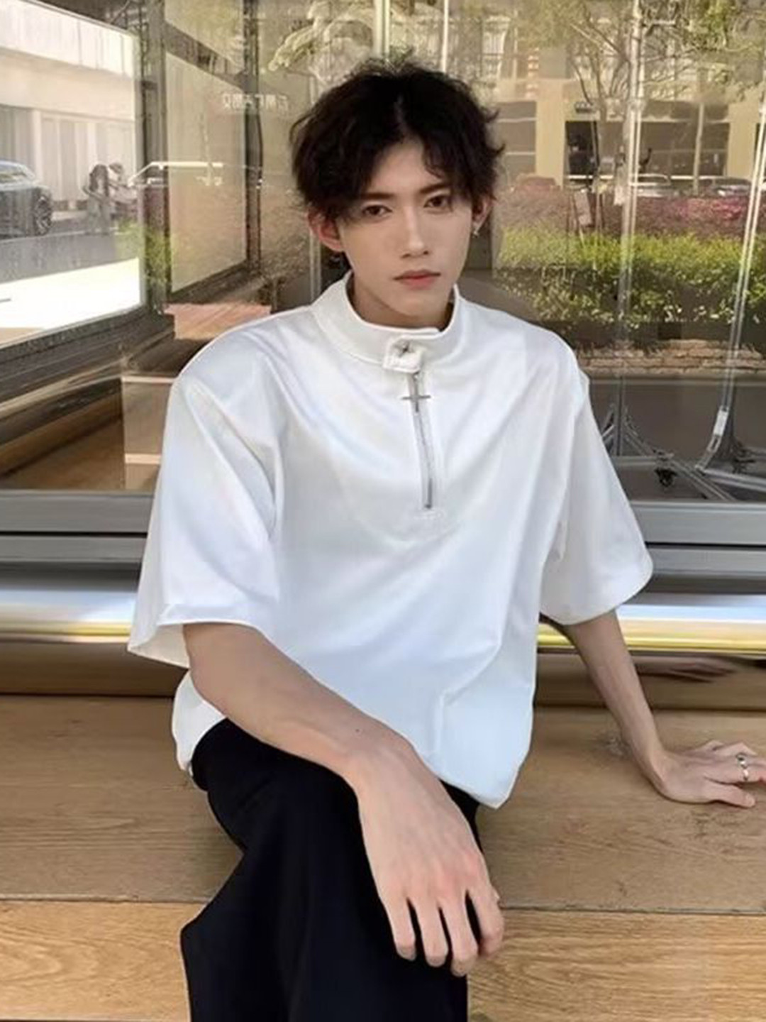 

StyleCast Men Solid Mandarin Collar Oversized T-shirt, White