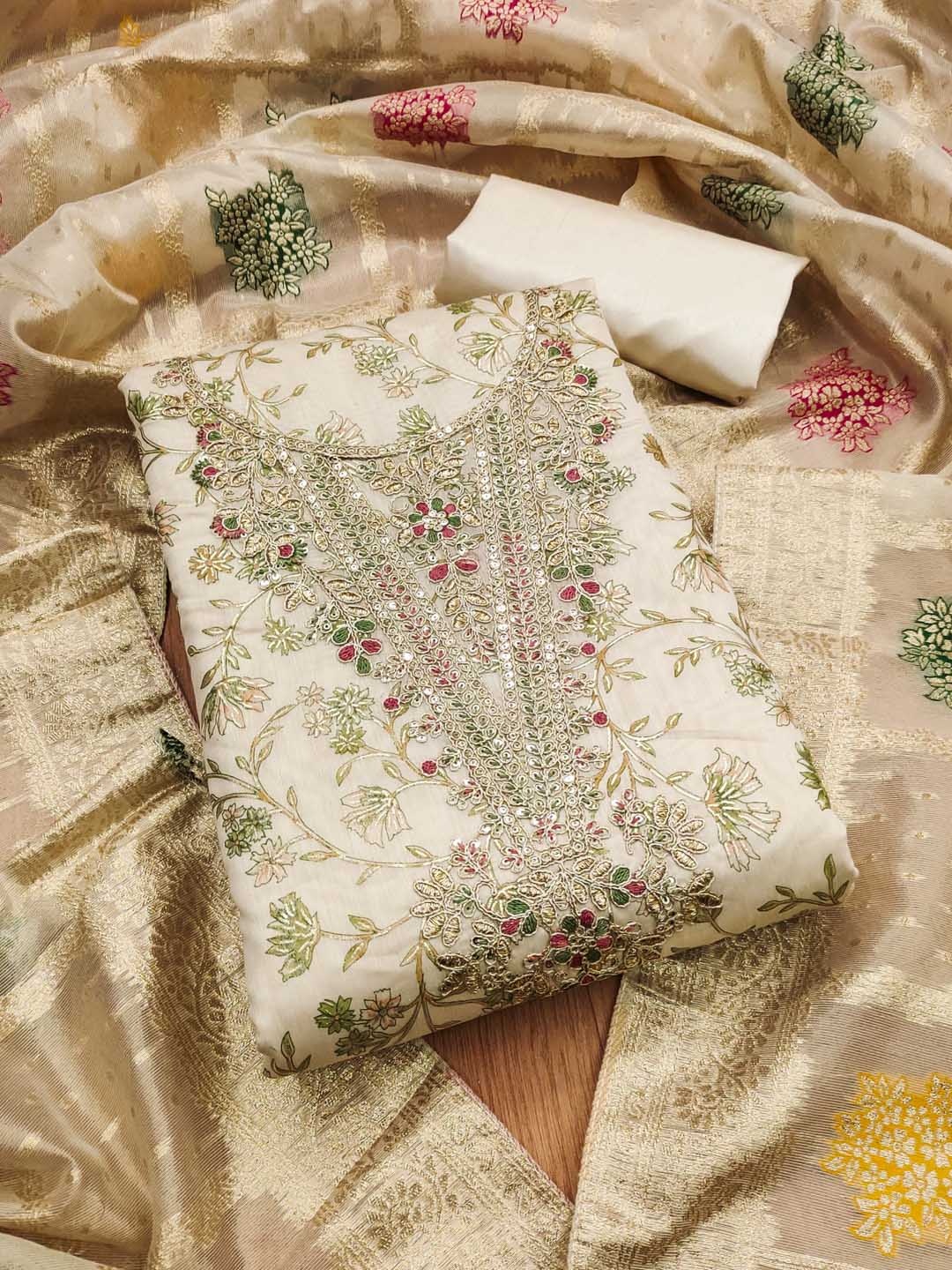 

KALINI Foil Printed Embroidered Chanderi Unstitched Dress Material, White