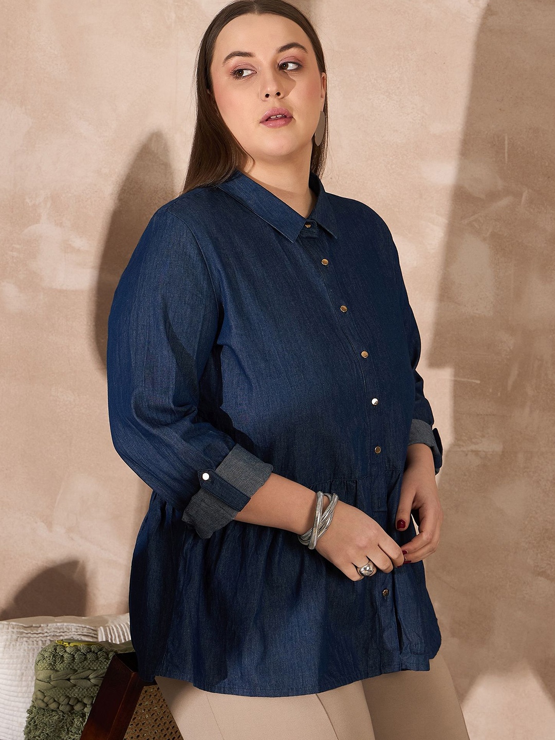 

all about you Women Solid Spread Collar Cotton Casual Shirt, Navy blue