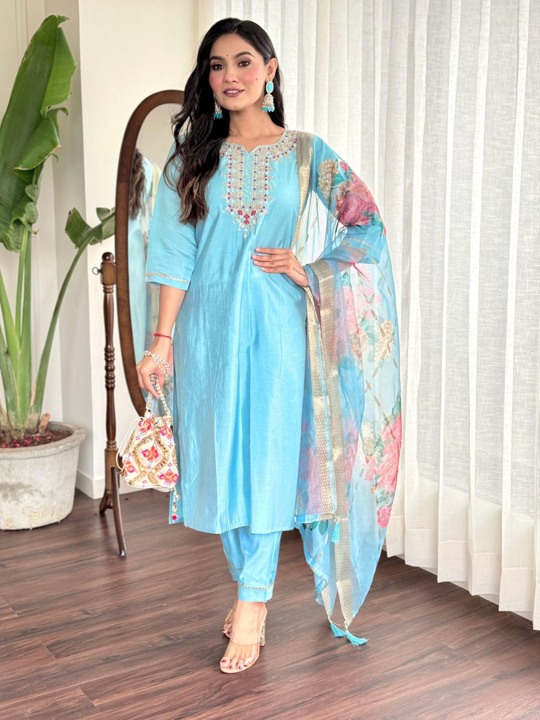 

KALINI Women Ethnic Motifs Embroidered Regular Gotta Patti Pure Cotton Kurta with Trousers & With Dupatta, Blue