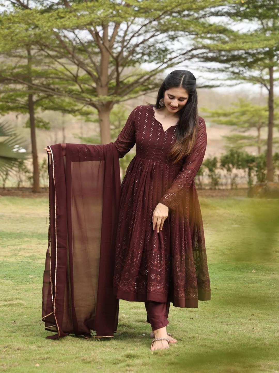 

mimi design Women Regular Silk Georgette Kurta with Dhoti Pants & With Dupatta, Brown