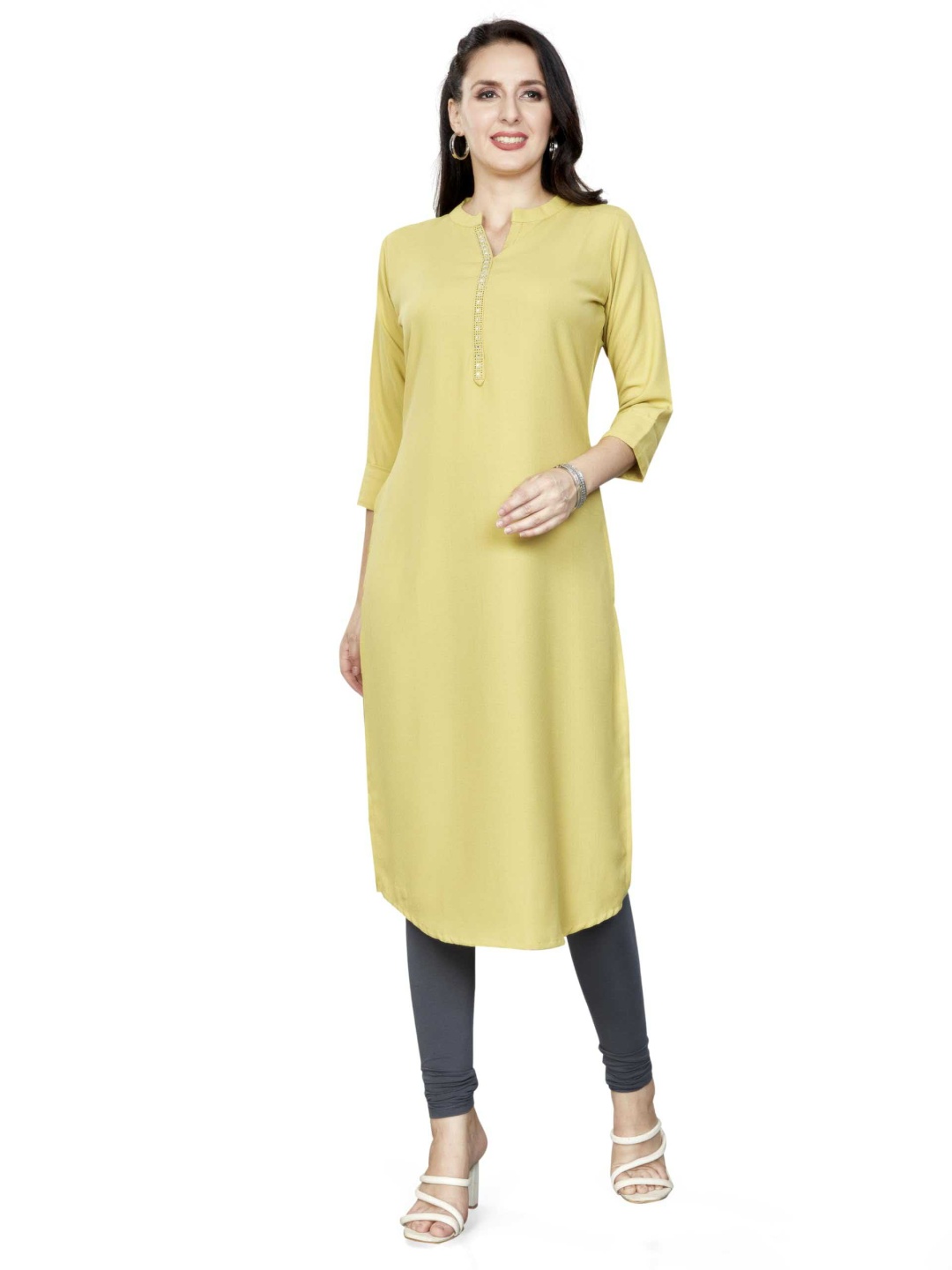 

Nioni Swarovski Mandarin Collar Dobby Linen Straight Kurta, Yellow